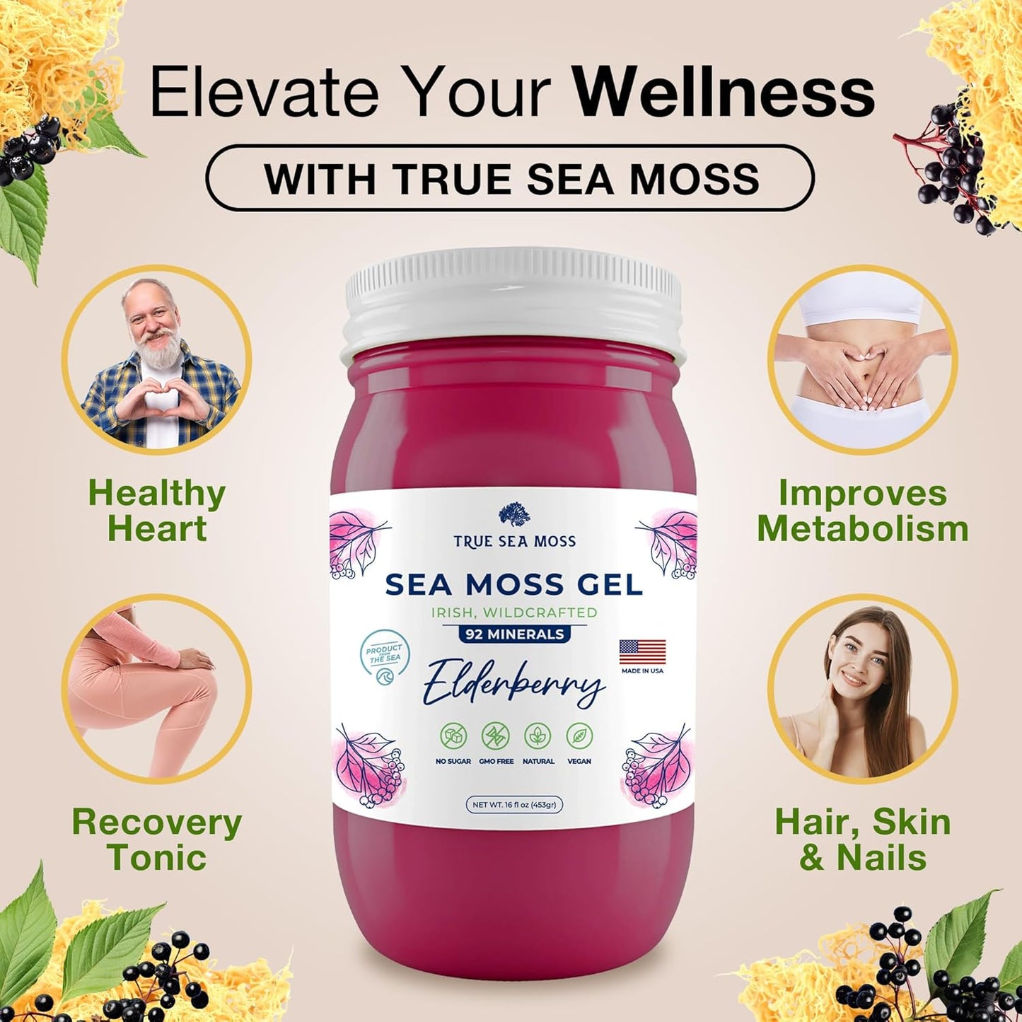 Organic Wildcrafted Irish Sea Moss Gel with Elderberry - Rich in Minerals, USA Made Health Supplement (Pack of 3)