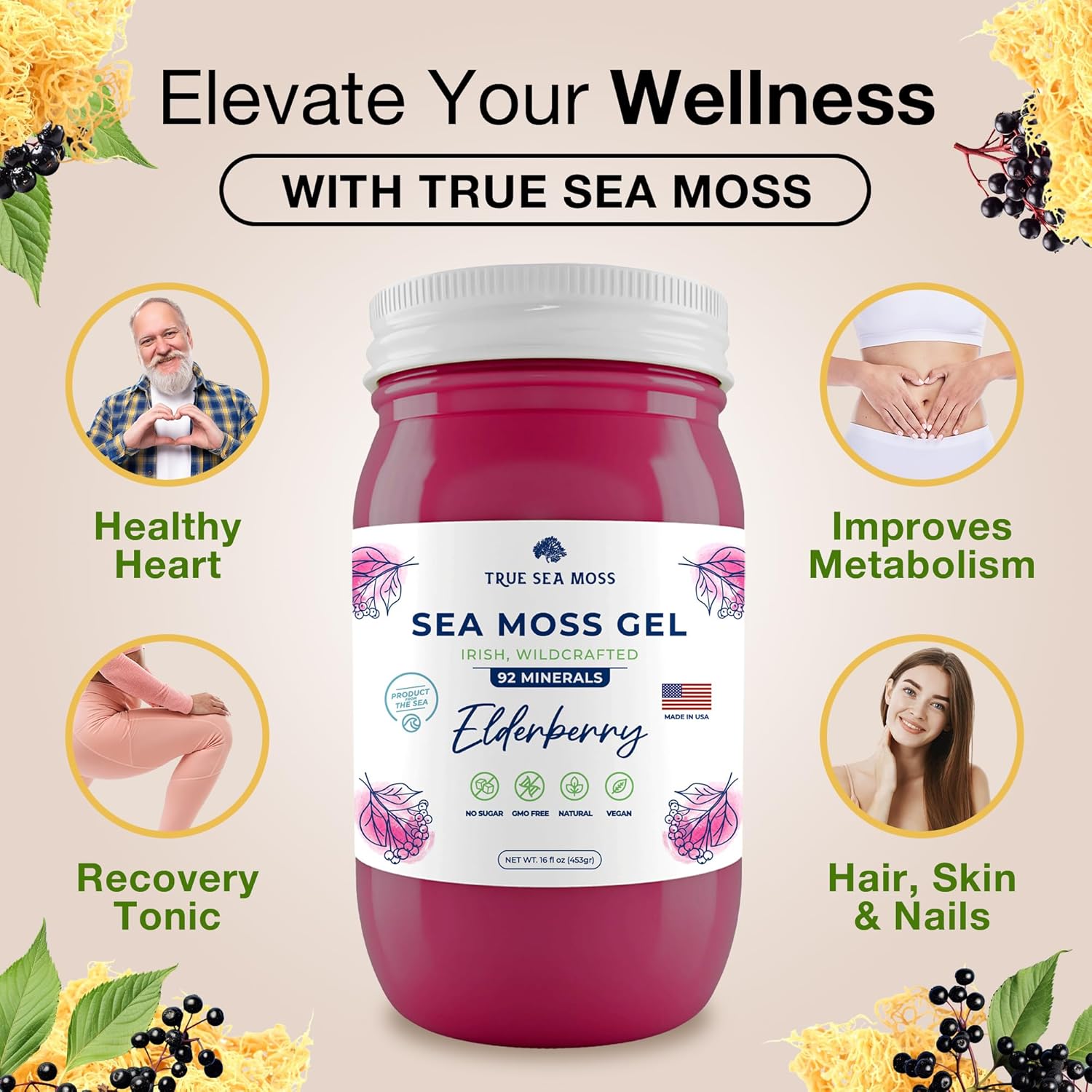 Organic Wildcrafted Irish Sea Moss Gel with Elderberry - Rich in Minerals, USA Made Health Supplement (Pack of 3)