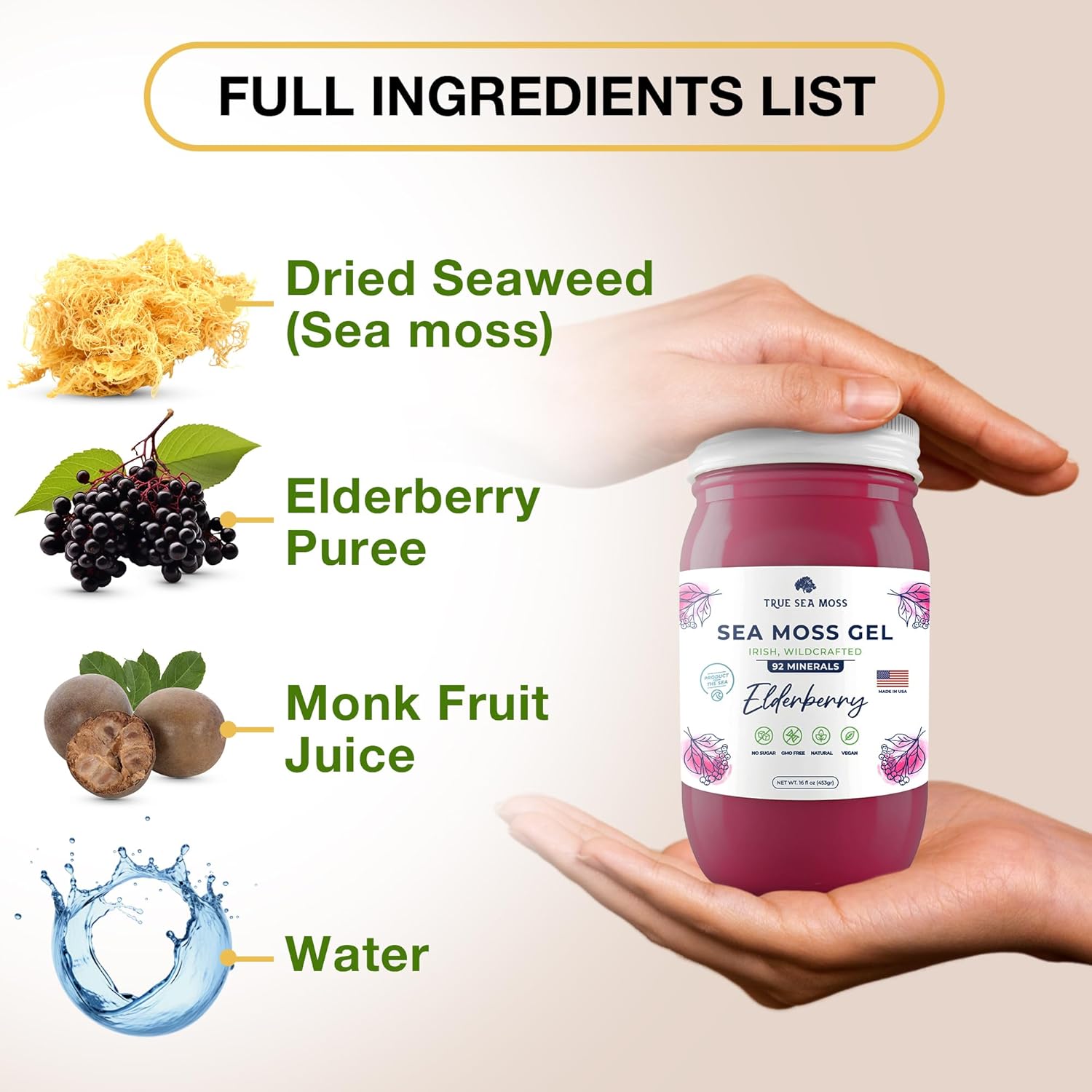 Organic Wildcrafted Irish Sea Moss Gel with Elderberry - Rich in Minerals, USA Made Health Supplement (Pack of 3)