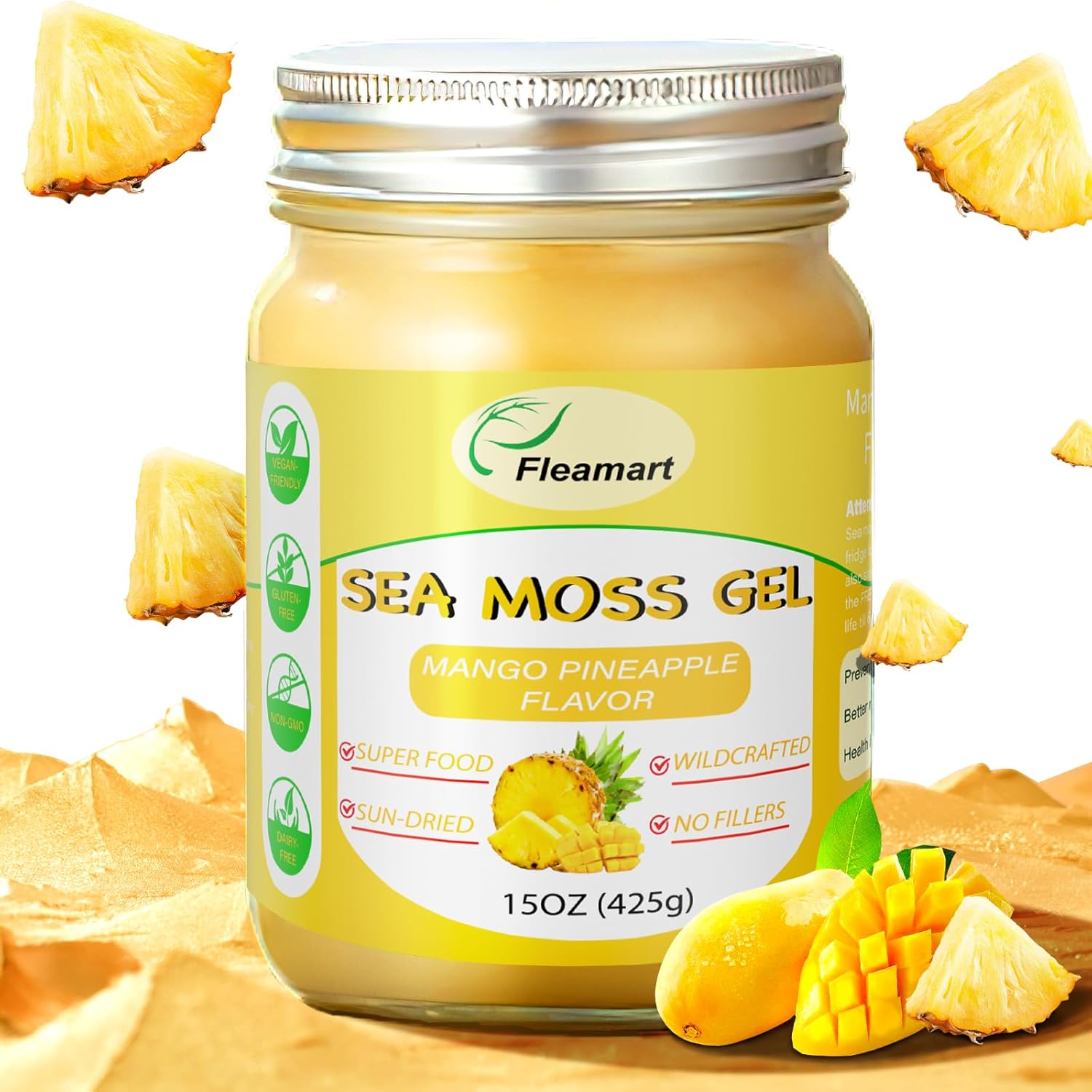 Organic Wildcrafted Sea Moss Gel with Mango Pineapple Flavor - 15OZ Vegan Superfood Rich in Vitamins and Minerals