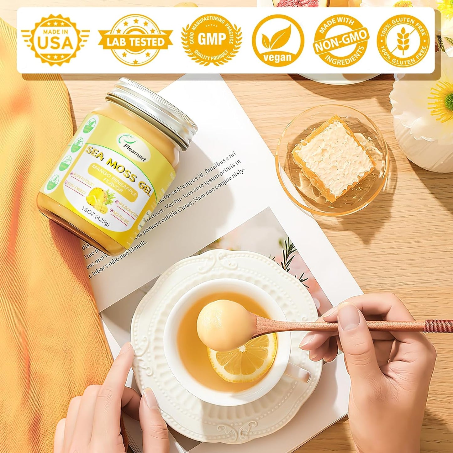 Organic Wildcrafted Sea Moss Gel with Mango Pineapple Flavor - 15OZ Vegan Superfood Rich in Vitamins and Minerals