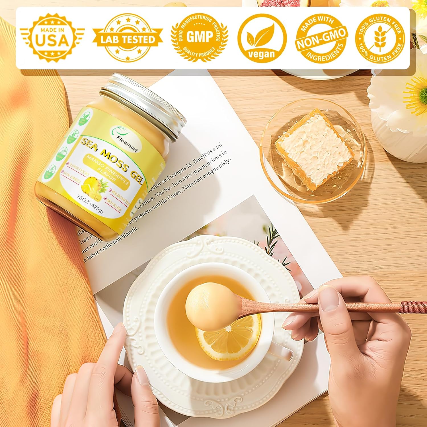 Organic Wildcrafted Sea Moss Gel with Mango Pineapple Flavor - 15OZ Vegan Superfood Rich in Vitamins and Minerals