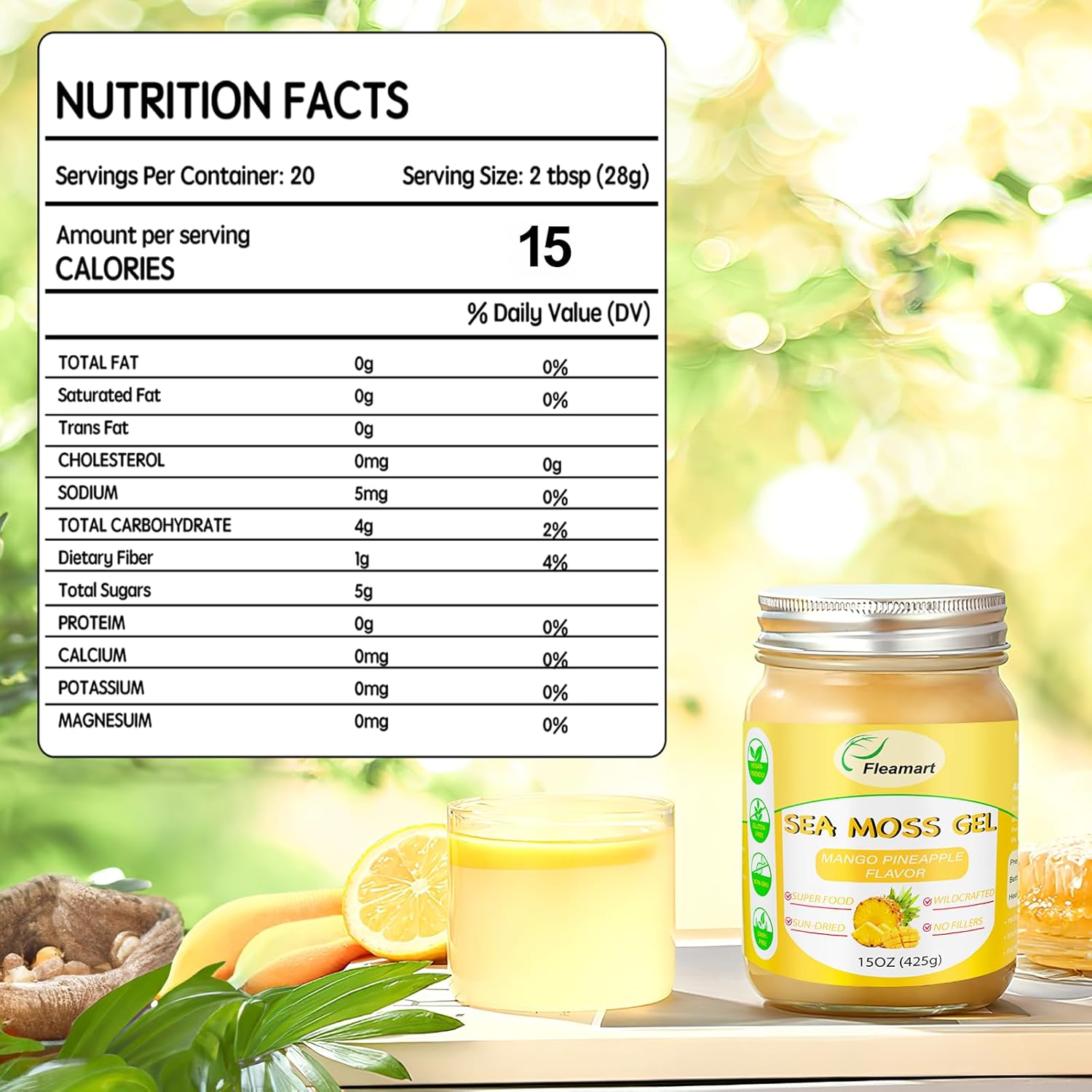 Organic Wildcrafted Sea Moss Gel with Mango Pineapple Flavor - 15OZ Vegan Superfood Rich in Vitamins and Minerals