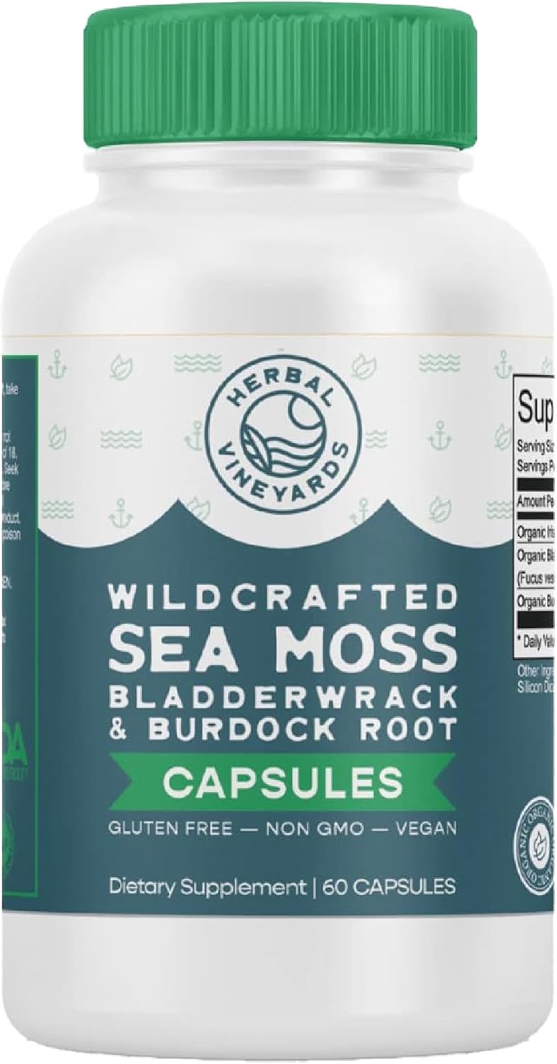 Organic Wildcrafted Vegetable Capsules with Irish Sea Moss, Bladderwrack & Burdock Root - Immune Support, Healthy Skin & Energy - 60 Capsules, 1500MG - Immunity Booster