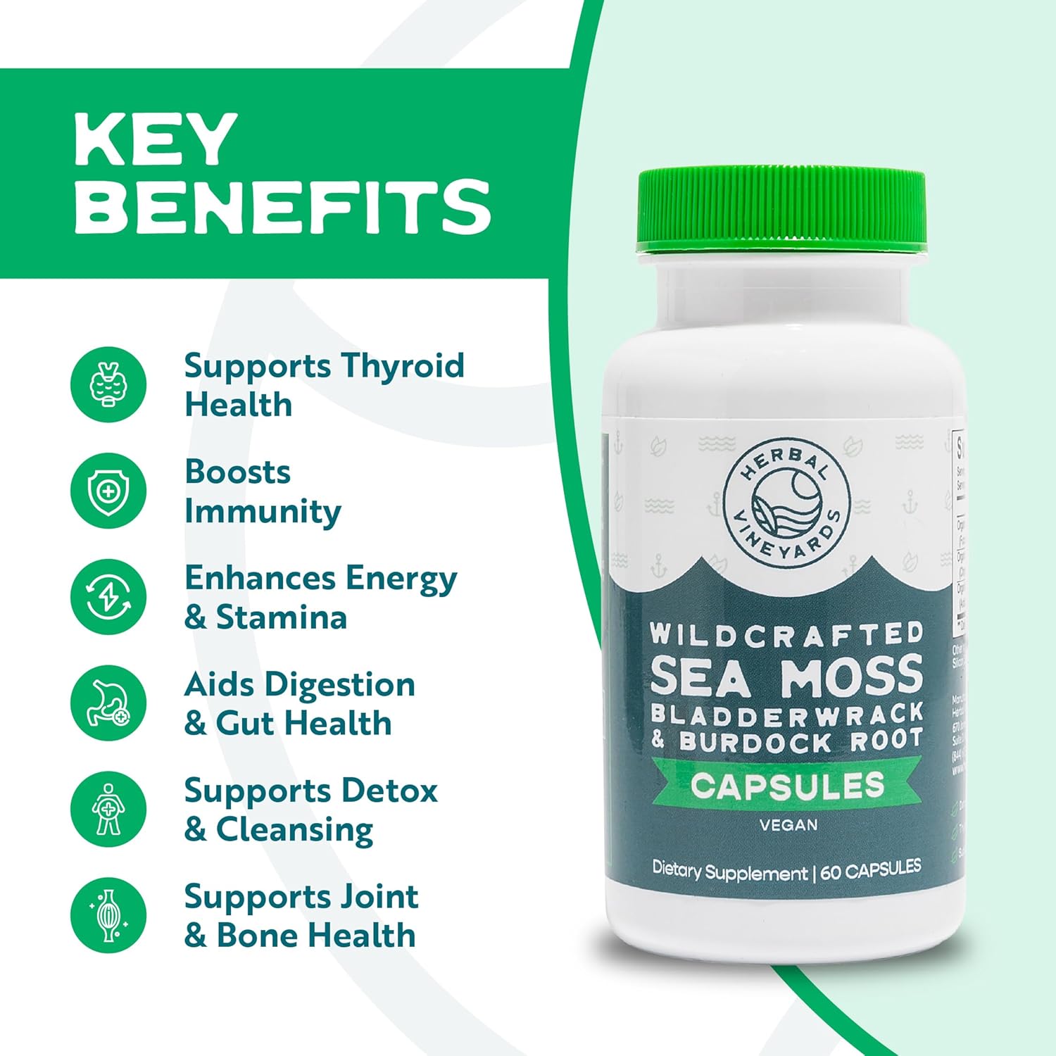 Organic Wildcrafted Vegetable Capsules with Irish Sea Moss, Bladderwrack & Burdock Root - Immune Support, Healthy Skin & Energy - 60 Capsules, 1500MG - Immunity Booster