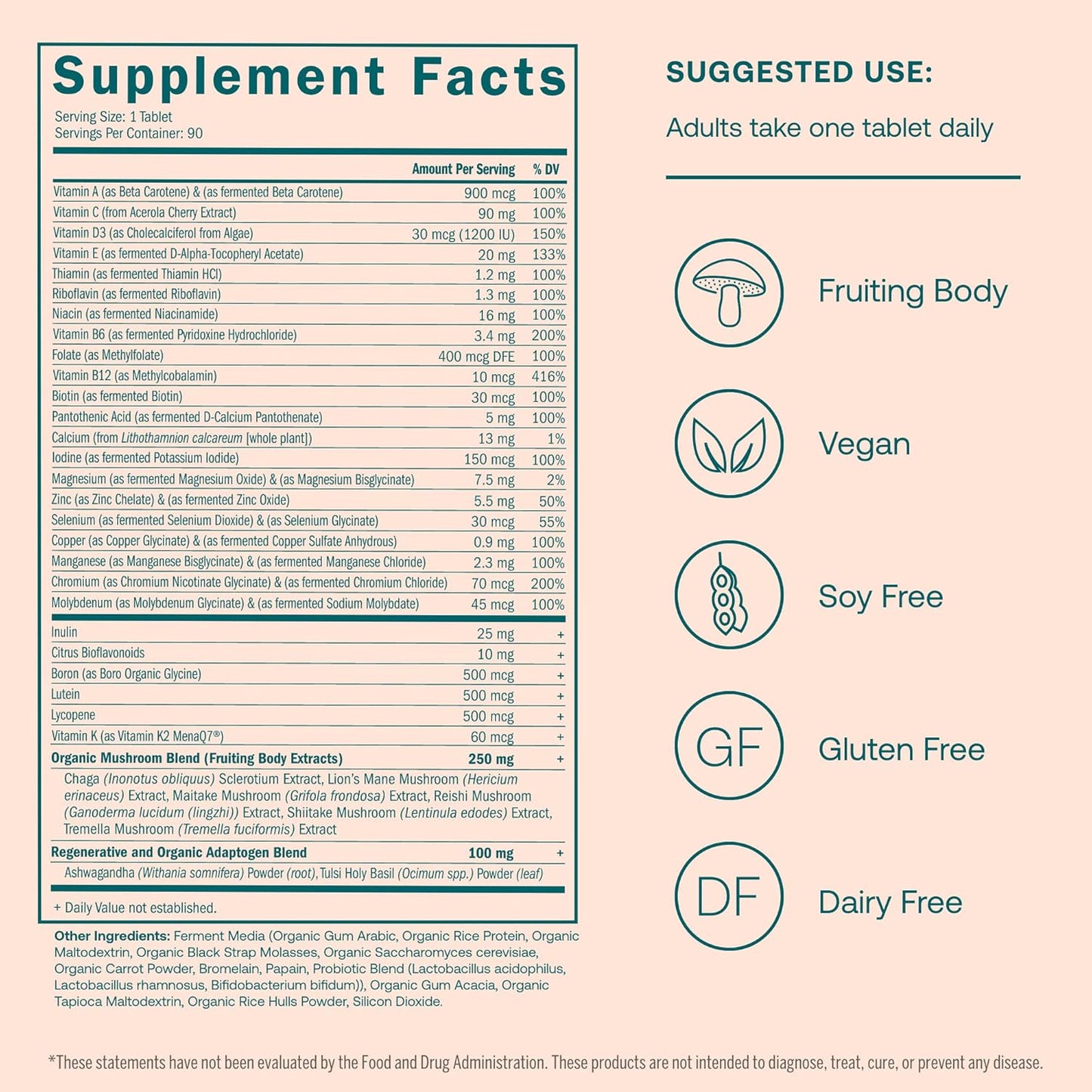 Organic Women's 40+ Multivitamin with Fermented Minerals, Adaptogens & Mushrooms - Energy, Immune, Bone Support - Non-GMO - 90 Vegan Tablets