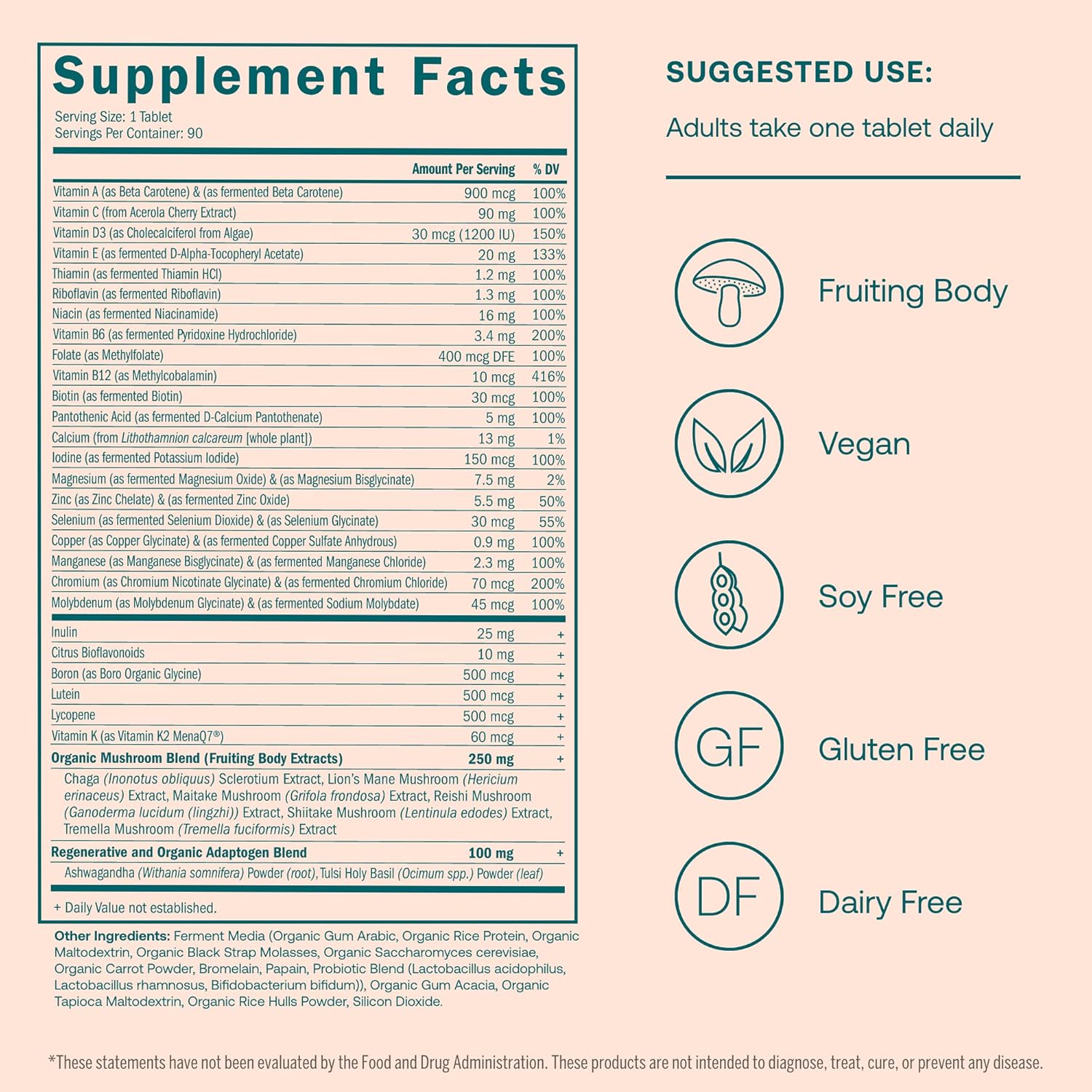 Organic Women's 40+ Multivitamin with Fermented Minerals, Adaptogens & Mushrooms - Energy, Immune, Bone Support - Non-GMO - 90 Vegan Tablets