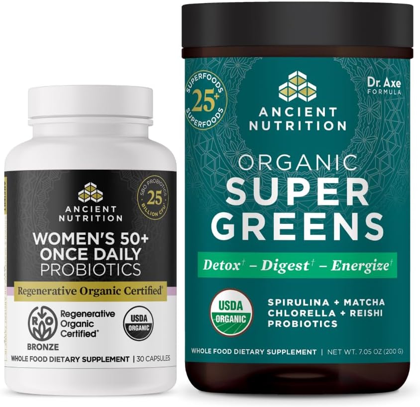 Organic Women's 50+ Probiotics Capsules & Supergreens Powder Bundle, 30 Count Capsules & 25 Servings Powder