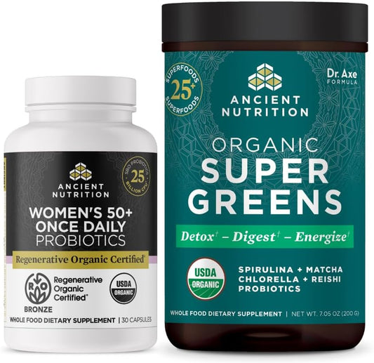 Organic Women's 50+ Probiotics Capsules & Supergreens Powder Bundle, 30 Count Capsules & 25 Servings Powder