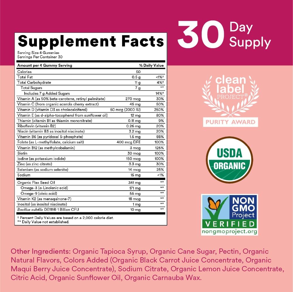 Organic Women's & Teen Girl Multivitamin Gummies with Omega-3, Vitamins & Minerals - 120 Count