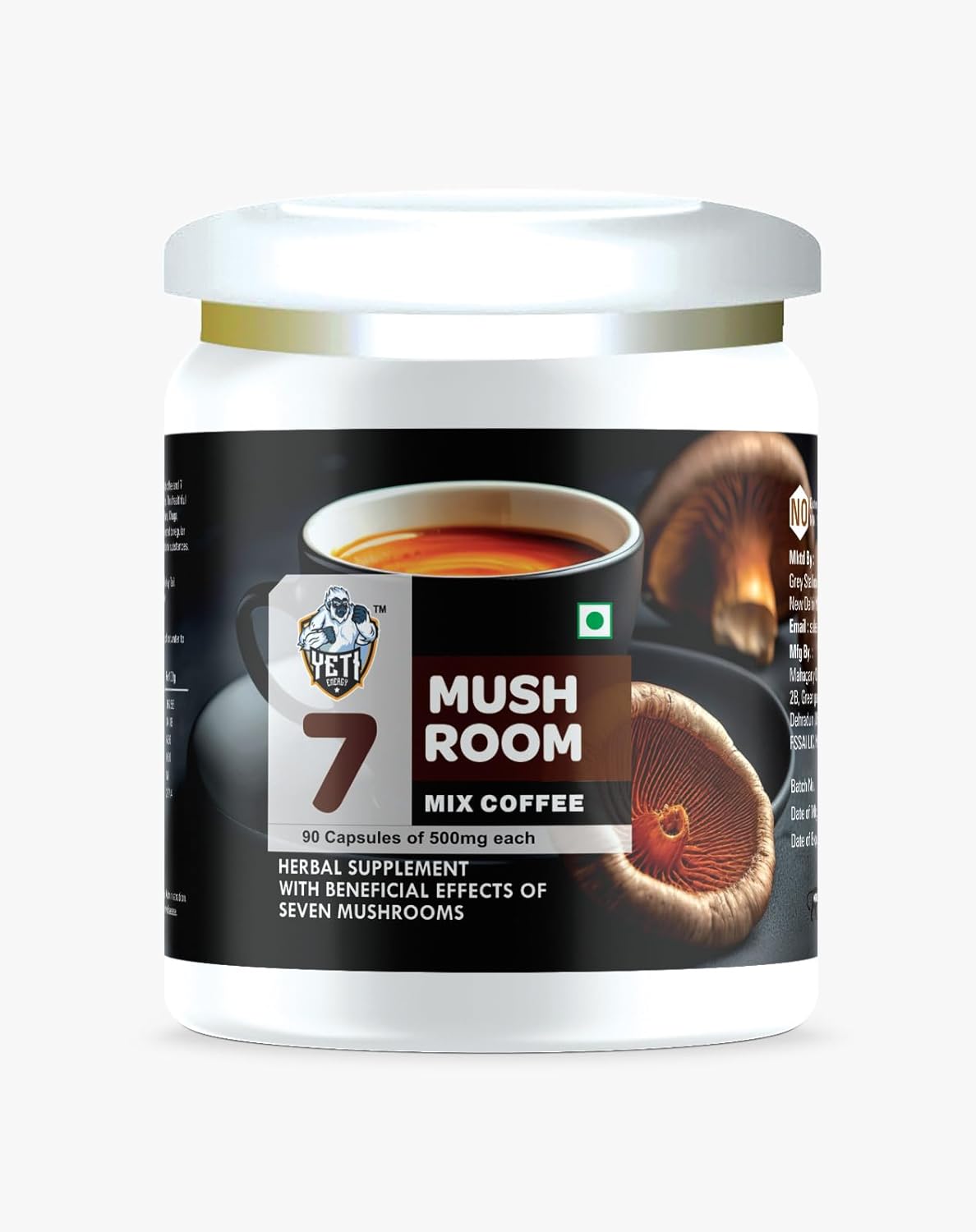 Organic YetiEnergy Mushroom Coffee Powder - 8 Mushroom Blend for Energy, Focus, Memory & Immunity - 55 Servings, 100G