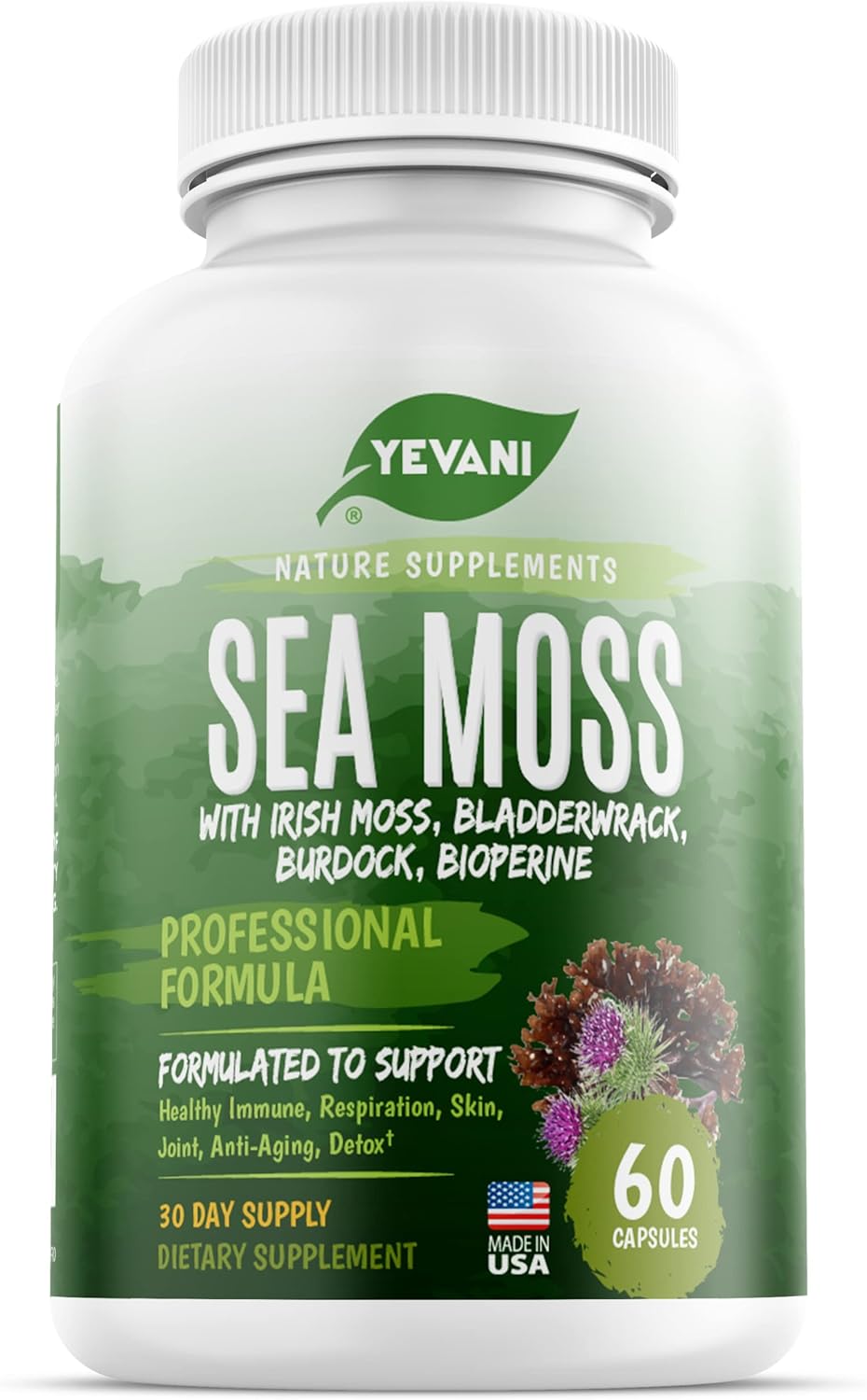 Organic YEVANI Sea Moss Capsules with Bladderwrack & Burdock Root for Gut Health, Immune Support, Thyroid - All Natural Supplement