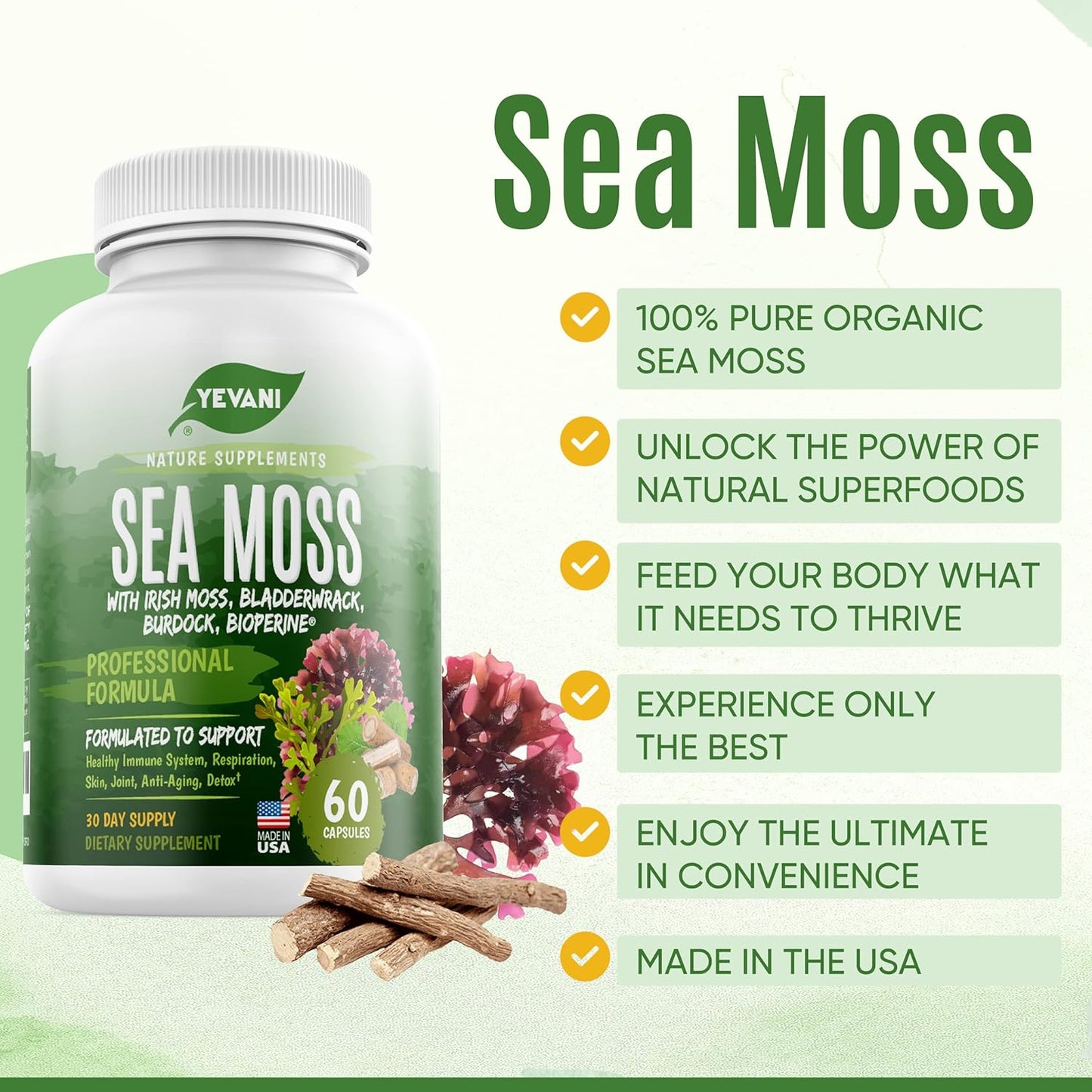 Organic YEVANI Sea Moss Capsules with Bladderwrack & Burdock Root for Gut Health, Immune Support, Thyroid - All Natural Supplement