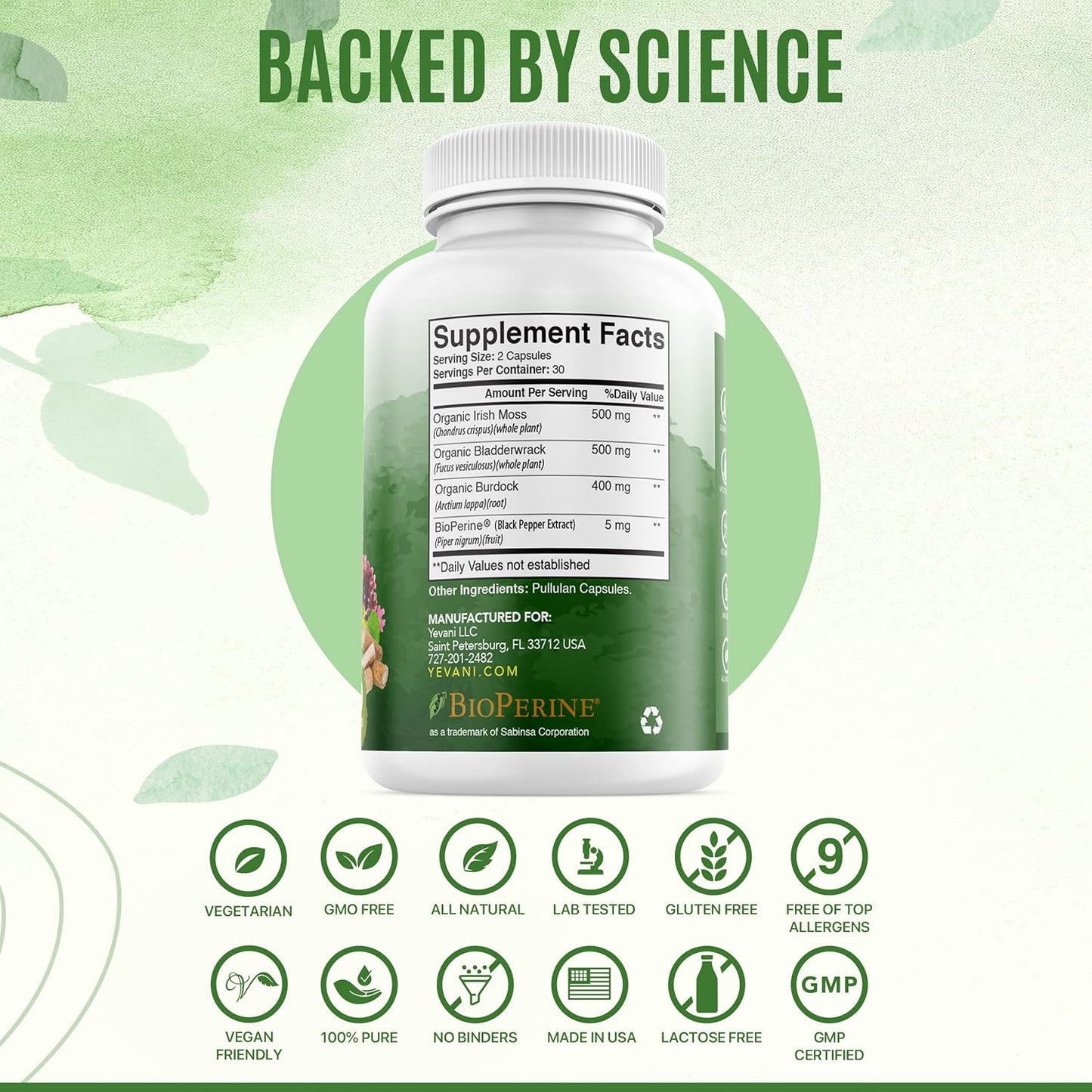 Organic YEVANI Sea Moss Capsules with Bladderwrack & Burdock Root for Gut Health, Immune Support, Thyroid - All Natural Supplement