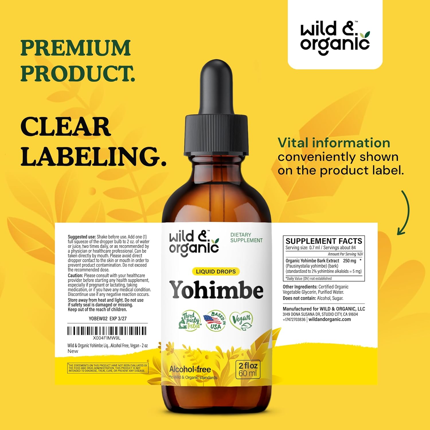 Organic Yohimbe Liquid Extract Drops - 5mg Yohimbine Tincture for Men & Women - Vegan, Alcohol-Free - 2 fl oz