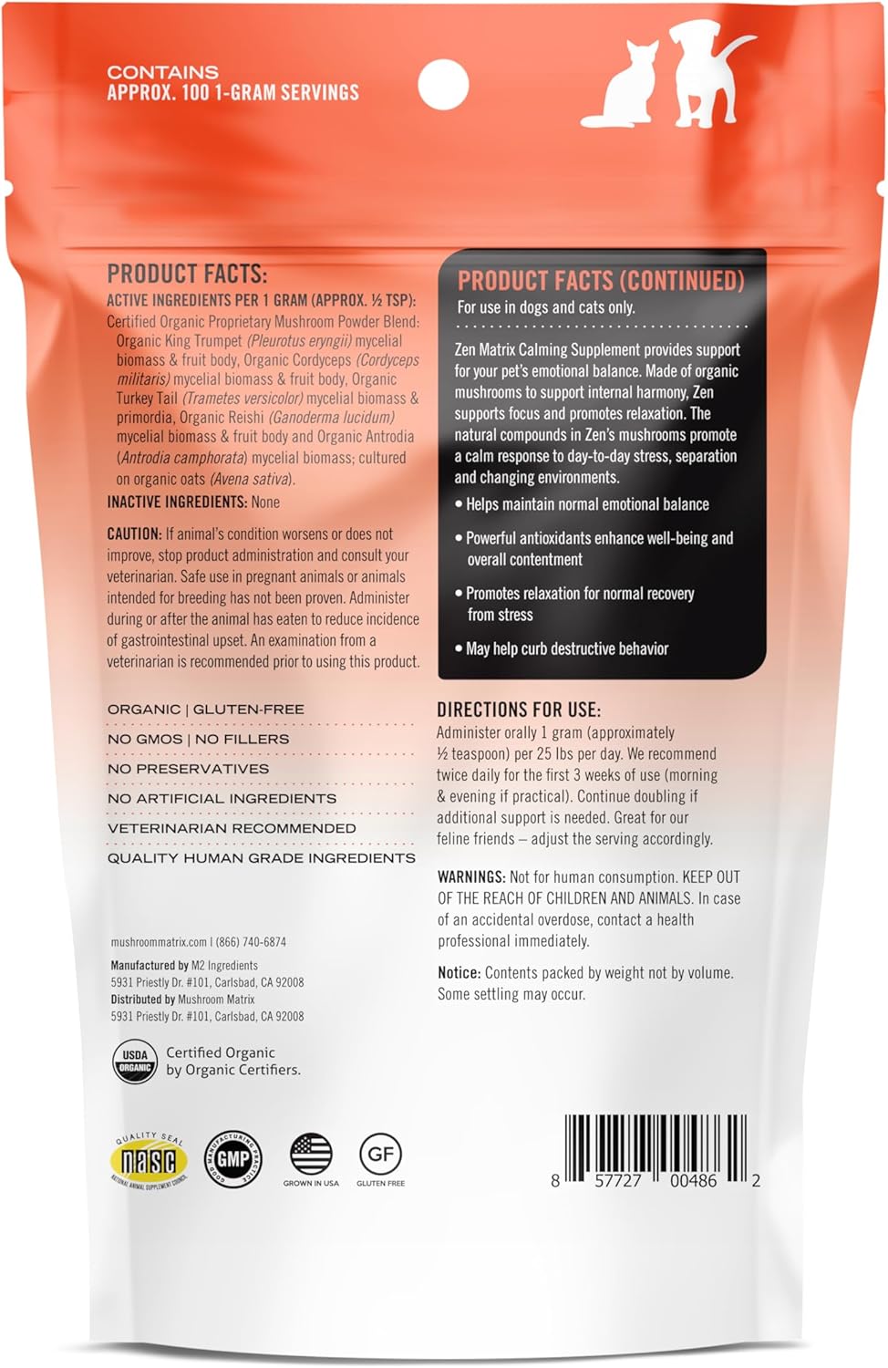 Organic Zen Matrix Mushroom Blend Pet Supplement for Dogs & Cats - USA Grown Calming Support Powder | 100g