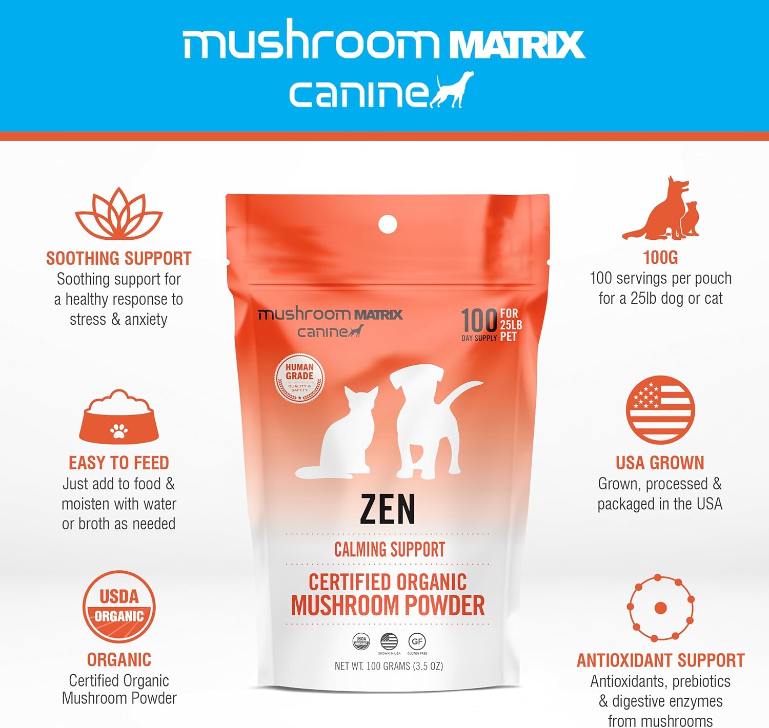 Organic Zen Matrix Mushroom Blend Pet Supplement for Dogs & Cats - USA Grown Calming Support Powder | 100g