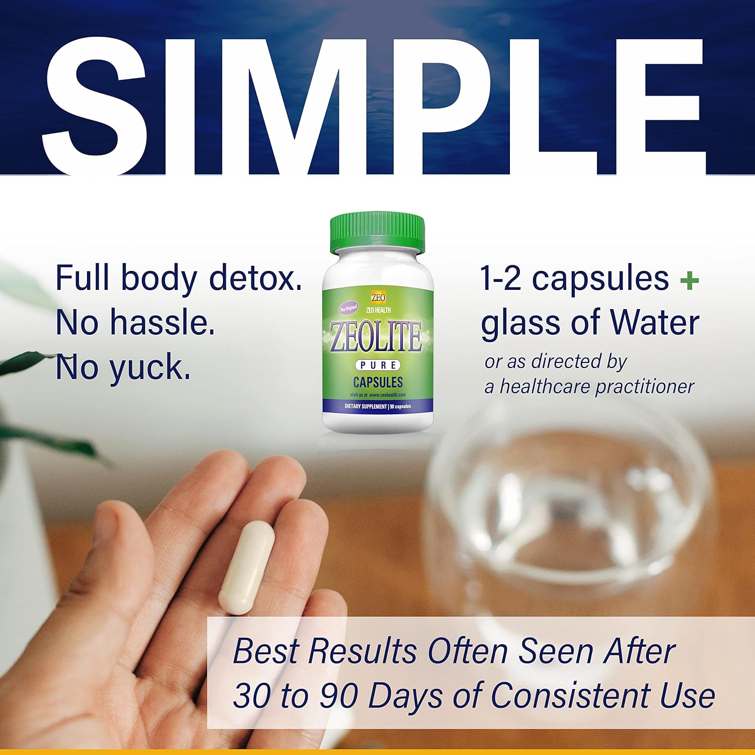 Organic Zeolite Pure Capsules for Full Body Cleanse - 90 Caps (81g) | Detox Supplement for Men & Women | Activated Clinoptilolite Powder | 6 Week to 3 Month Supply