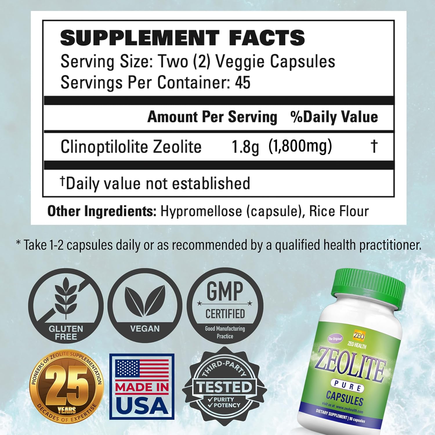 Organic Zeolite Pure Capsules for Full Body Cleanse - 90 Caps (81g) | Detox Supplement for Men & Women | Activated Clinoptilolite Powder | 6 Week to 3 Month Supply