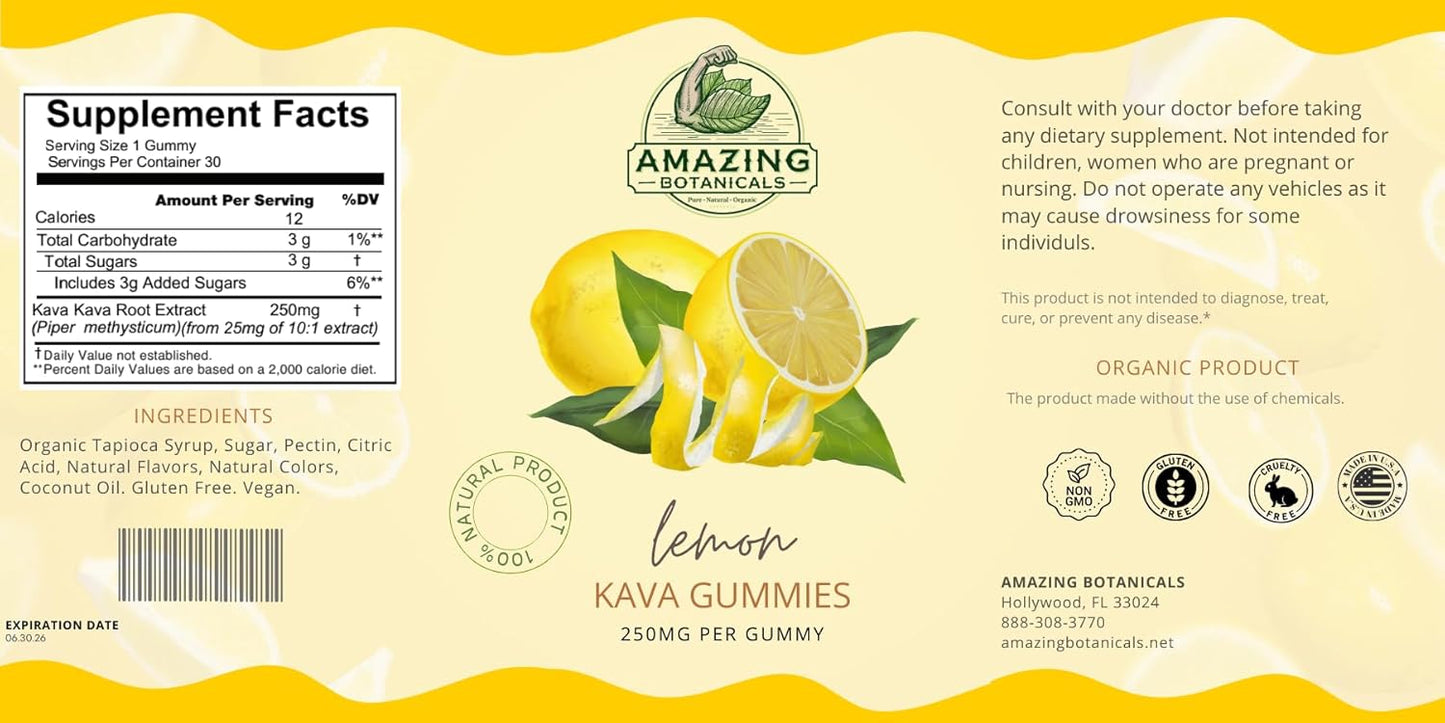 Organic Zesty Lemon Kava Gummies - 250mg Each - Natural Sleep Aid for Relaxation & Restful Nights - Non-GMO, Vegan, Gluten-Free - 30 Count