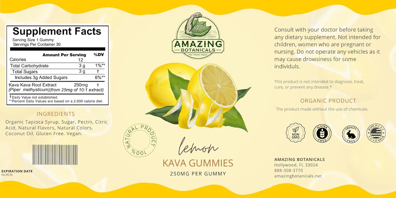 Organic Zesty Lemon Kava Gummies - 250mg Each - Natural Sleep Aid for Relaxation & Restful Nights - Non-GMO, Vegan, Gluten-Free - 30 Count