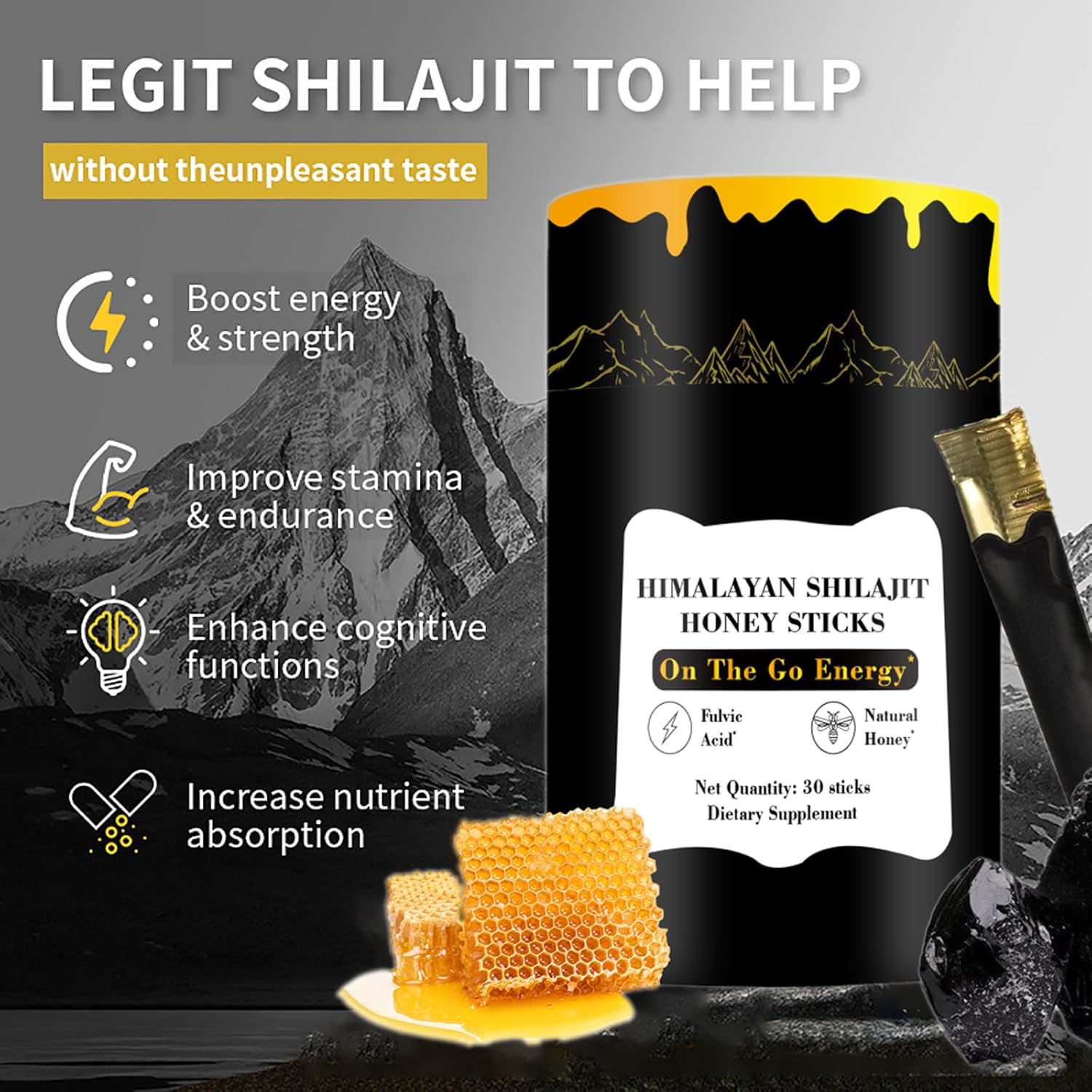 Organic Zotreval Shilajit Honey Sticks - 30 Sticks with Pure Himalayan Resin, Saffron & Organic Honey for Energy Boost, Immune Support, and Vitality - Ideal for Men and Women