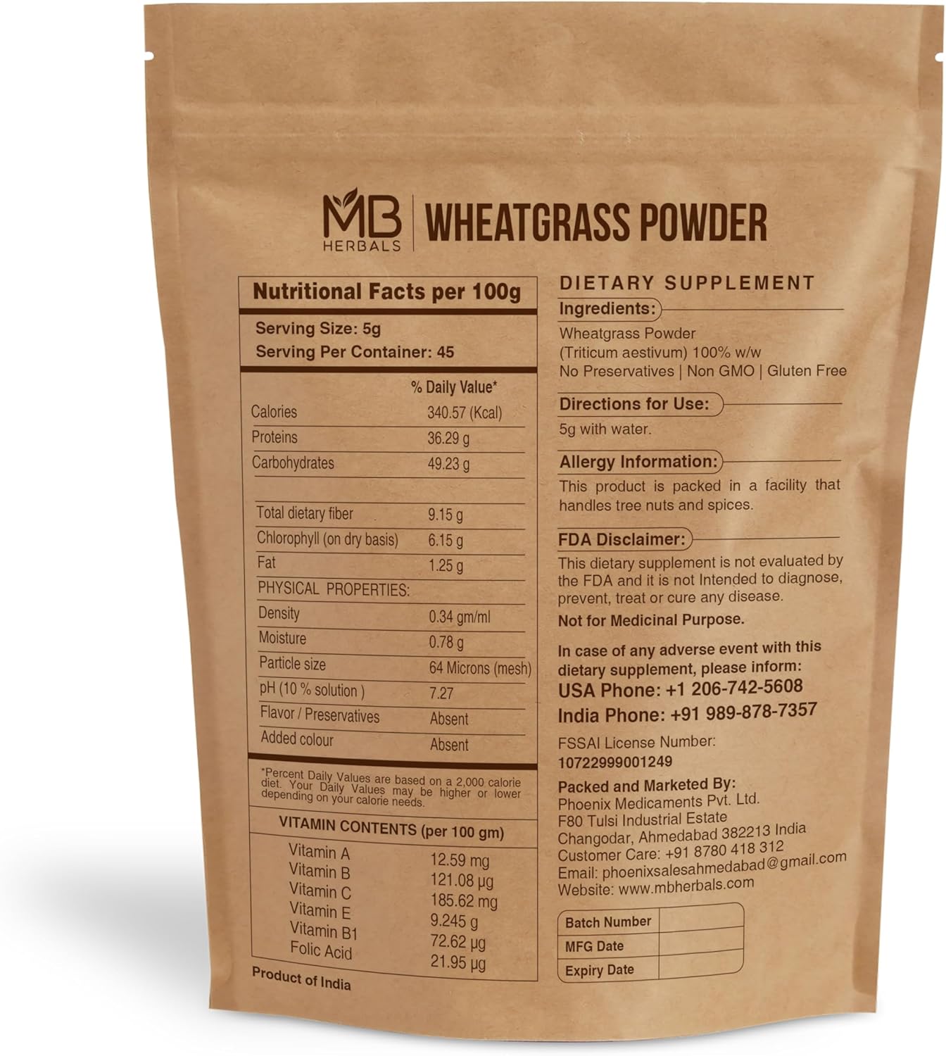 Organically Cultivated Gluten Free Wheatgrass Powder 8 oz - Lab Tested, No Preservatives - MB Herbals