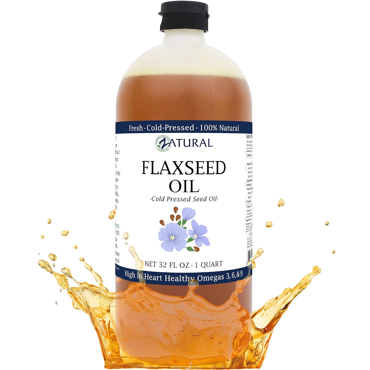 Organically Grown 100% Pure Cold Pressed Flaxseed Oil with Omega-Rich Fatty Acids - 32oz Bottle