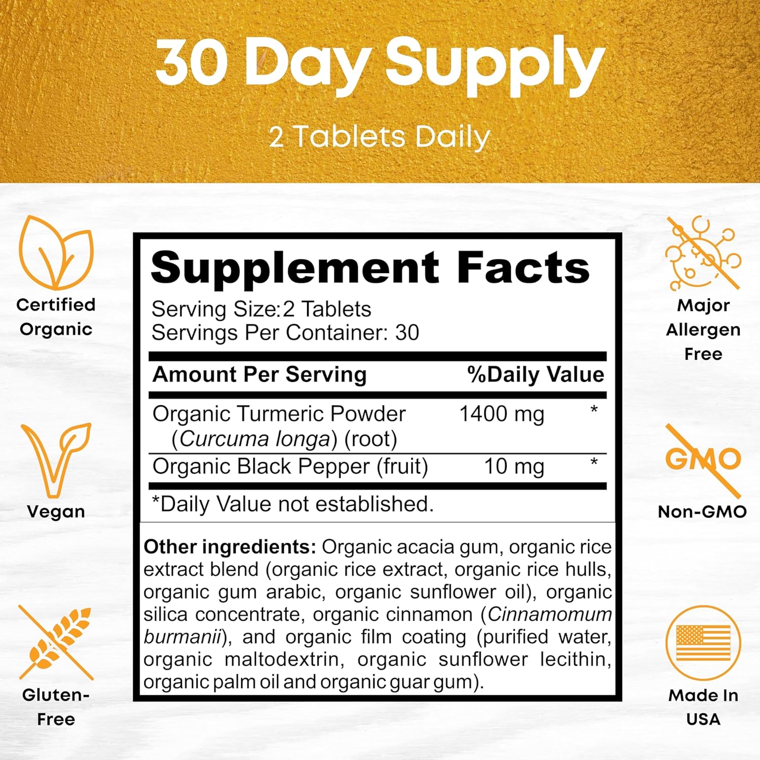OrganicBolt Turmeric Curcumin Supplement with Black Pepper 1400mg Strengthens Joints | USDA Organic, Gluten-Free, Non-GMO | 60 Tablets, 30 Servings