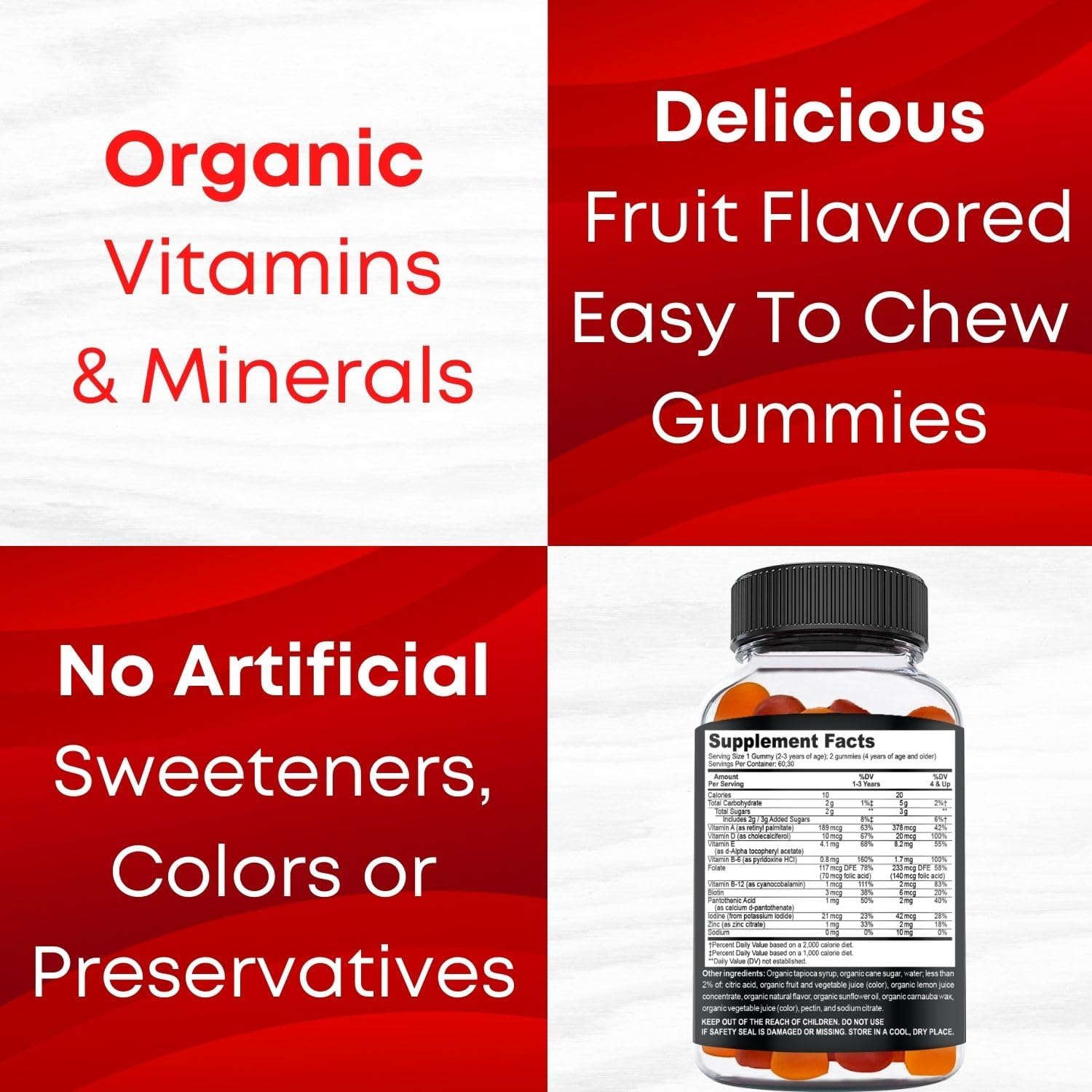 OrganicBolt USDA Organic Kids Multivitamin Gummies - 60 Count Supply for Immune Support and Overall Health