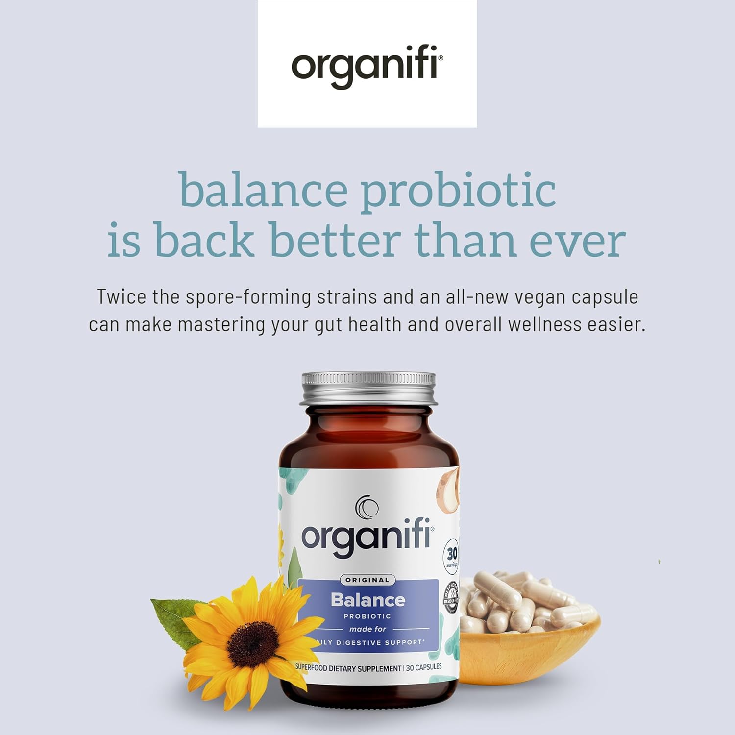 Organifi Balance Probiotics: 5 Resilient Strains for Digestive Health - 30 Vegan Capsules