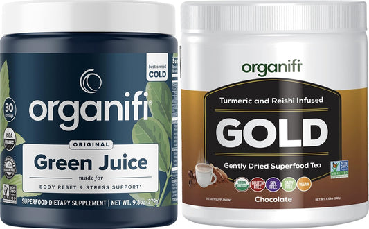 Organifi Green Juice and Gold Chocolate Bundle - Superfood Powder for Weight Control, Detox Cleanse, and Immunity Support - Gluten Free Vegan Whole Food Supplement