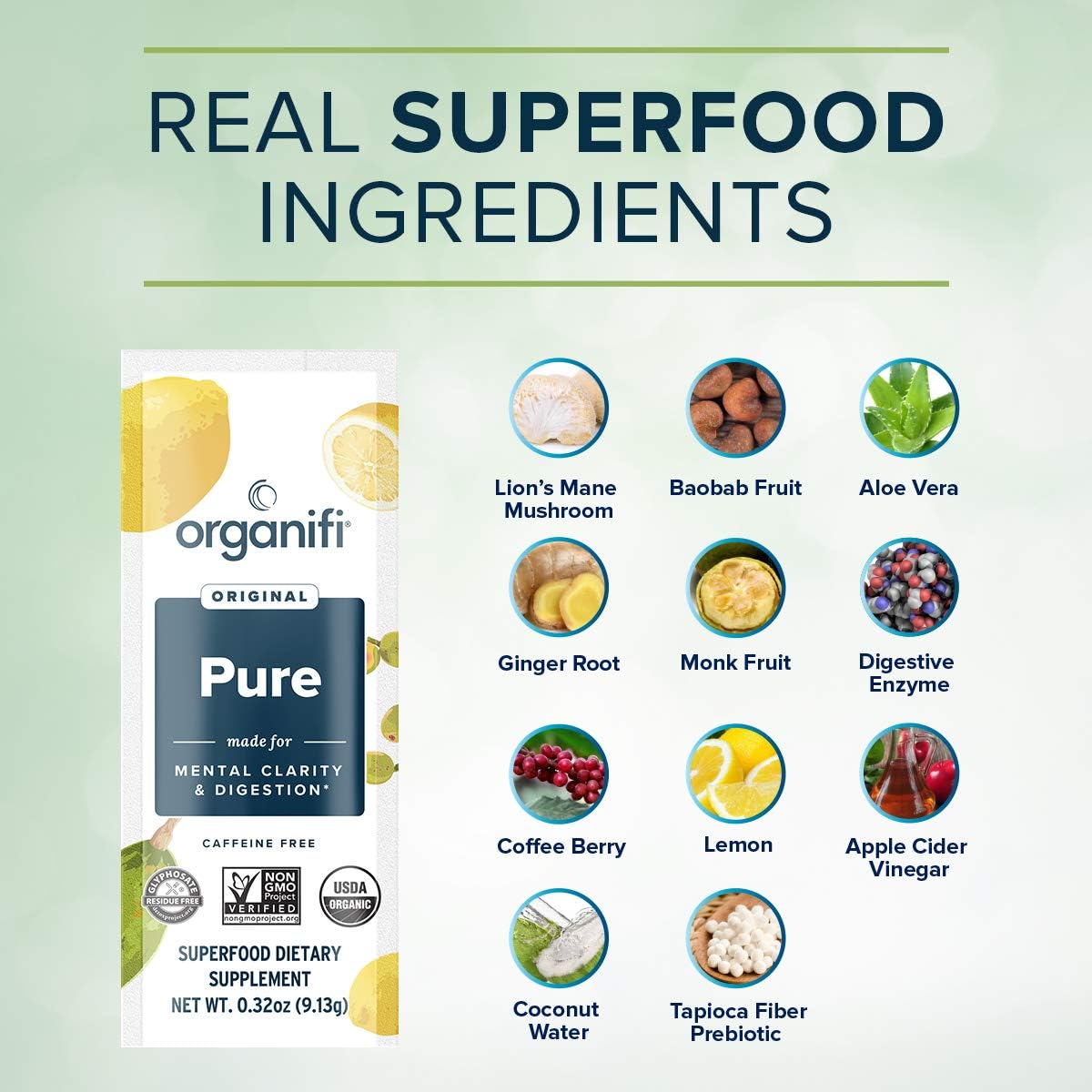Organifi Pure Smart Packs: Organic Lemon Flavor for Daily Brain and Immunity Support, 3 Pack