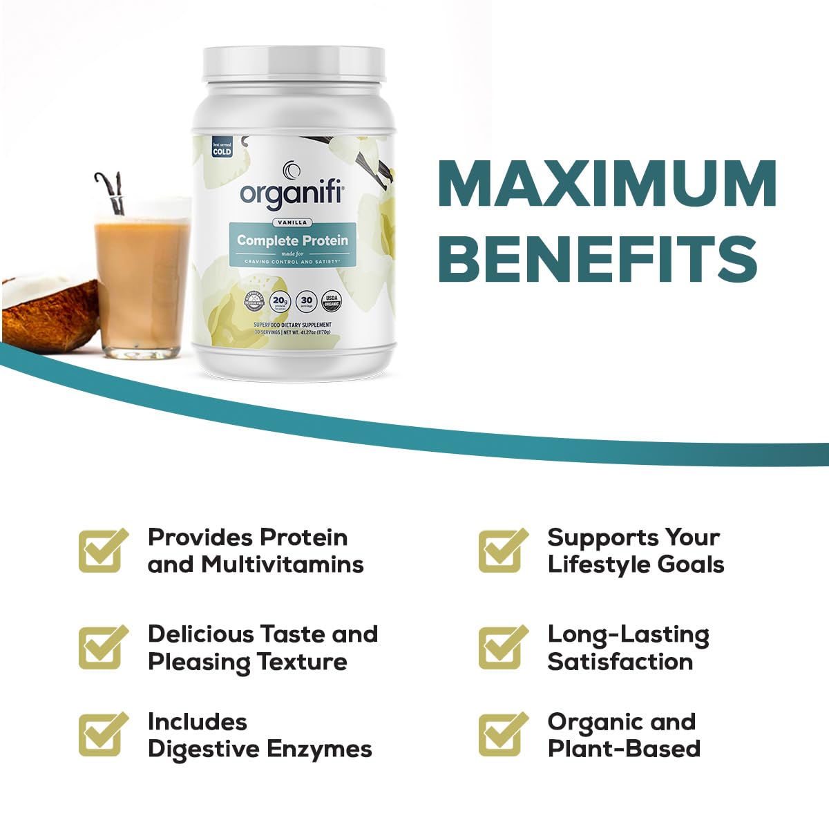 Organifi Vanilla Flavor Plant Based Protein Powder with Digestive Enzymes - Vegan Organic Blend, 30 Day Supply - No Soy, Dairy, Gluten
