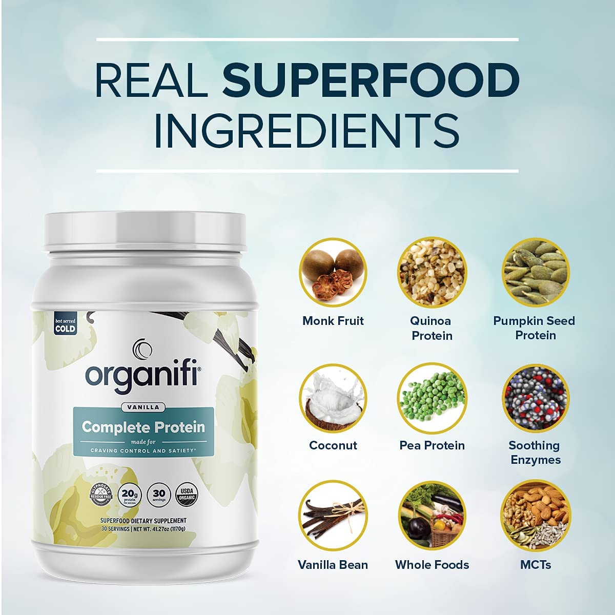 Organifi Vanilla Flavor Plant Based Protein Powder with Digestive Enzymes - Vegan Organic Blend, 30 Day Supply - No Soy, Dairy, Gluten