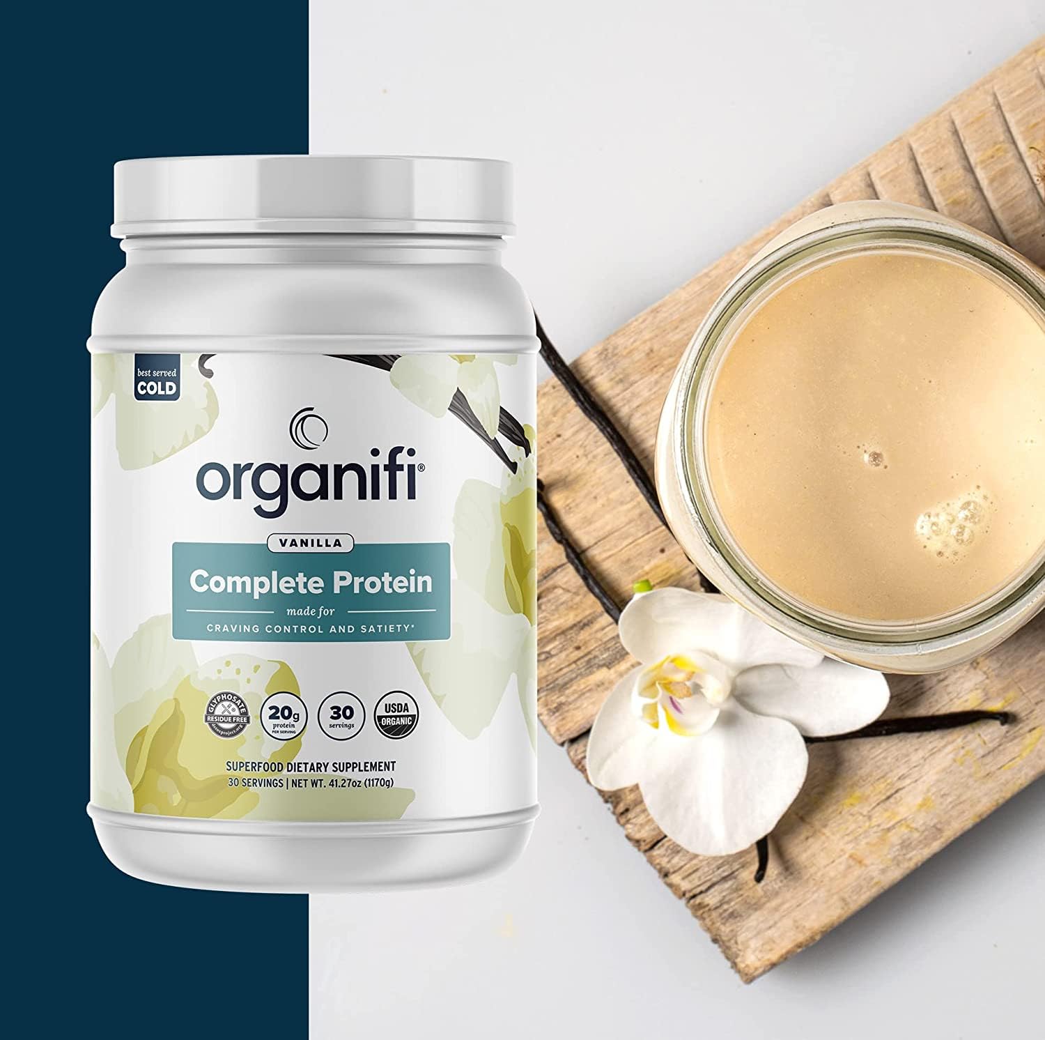 Organifi Vanilla Flavor Plant Based Protein Powder with Digestive Enzymes - Vegan Organic Blend, 30 Day Supply - No Soy, Dairy, Gluten