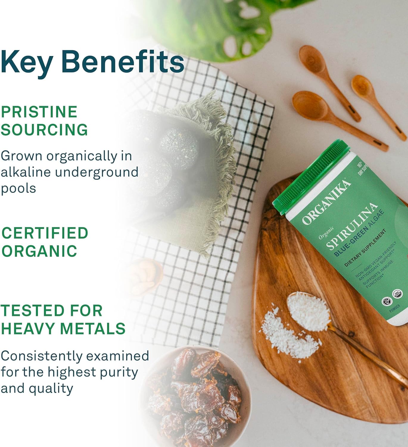 Organika Certified Organic Spirulina Powder - 500g Superfood, Vegan, Pristine Sourcing, 3rd Party Tested