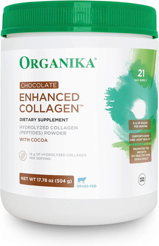 Organika Chocolate Enhanced Collagen Powder - Grass-Fed Type I & III Collagen with Real Cocoa, Sugar-Free Formula for Hair, Skin, Nails, Joints - 17.78 oz