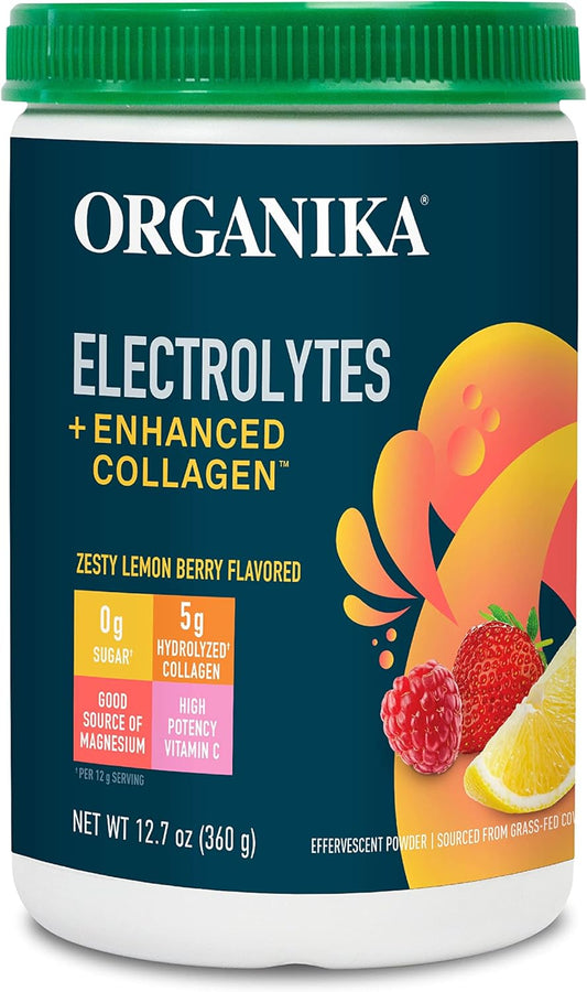 Organika Electrolytes + Enhanced Collagen Powder - Zesty Lemon Berry Flavour - Sugar-Free Hydration and Protein Supplement - 360g - 30 Servings