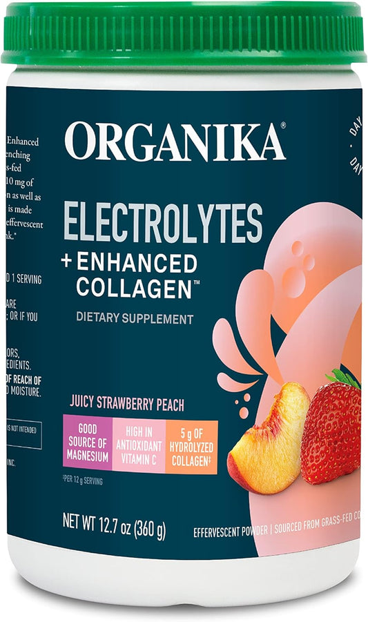 Organika Electrolytes + Enhanced Collagen Strawberry Peach Flavor - Sugar-Free Hydration & Protein Supplement - 360g - 30 Servings
