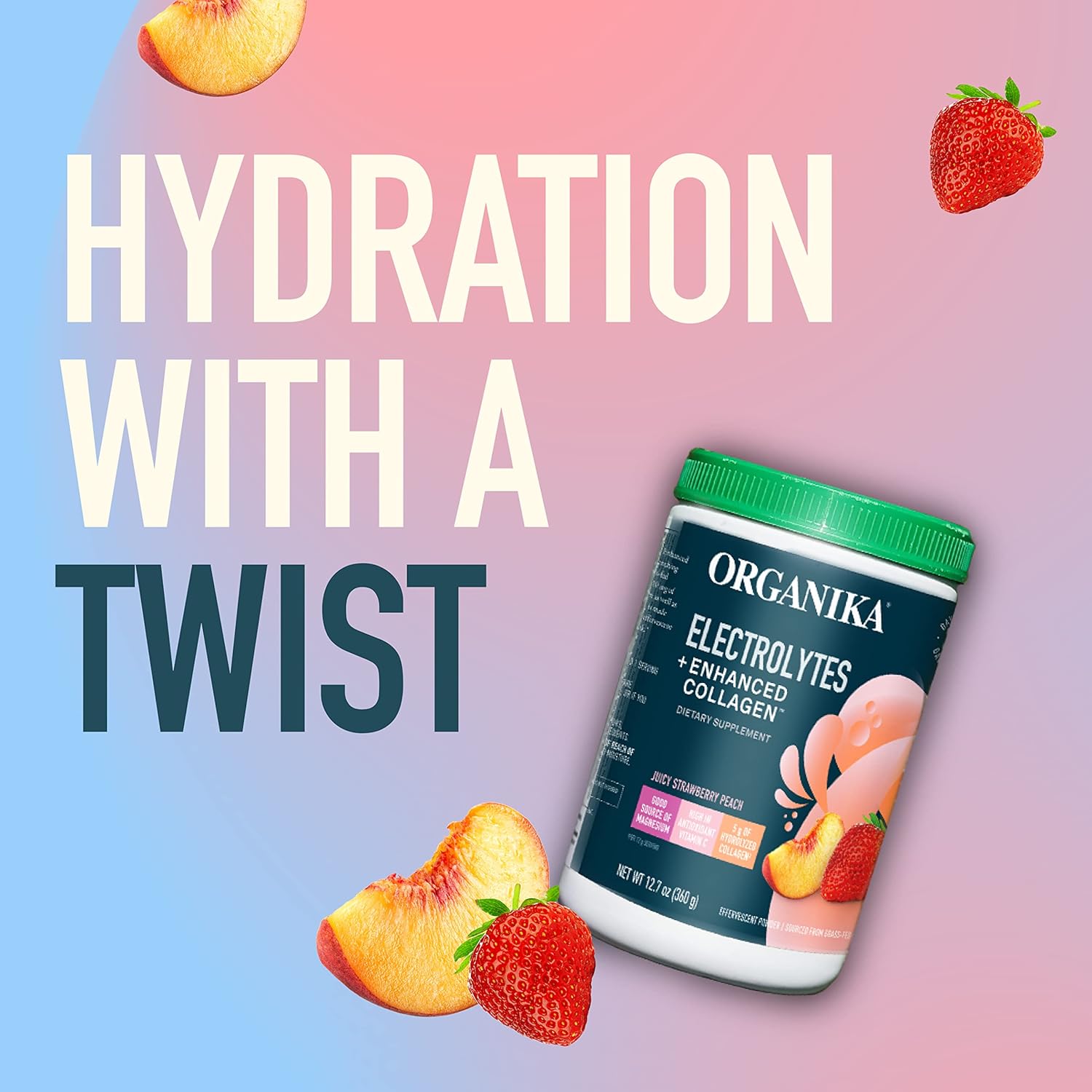 Organika Electrolytes + Enhanced Collagen Strawberry Peach Flavor - Sugar-Free Hydration & Protein Supplement - 360g - 30 Servings