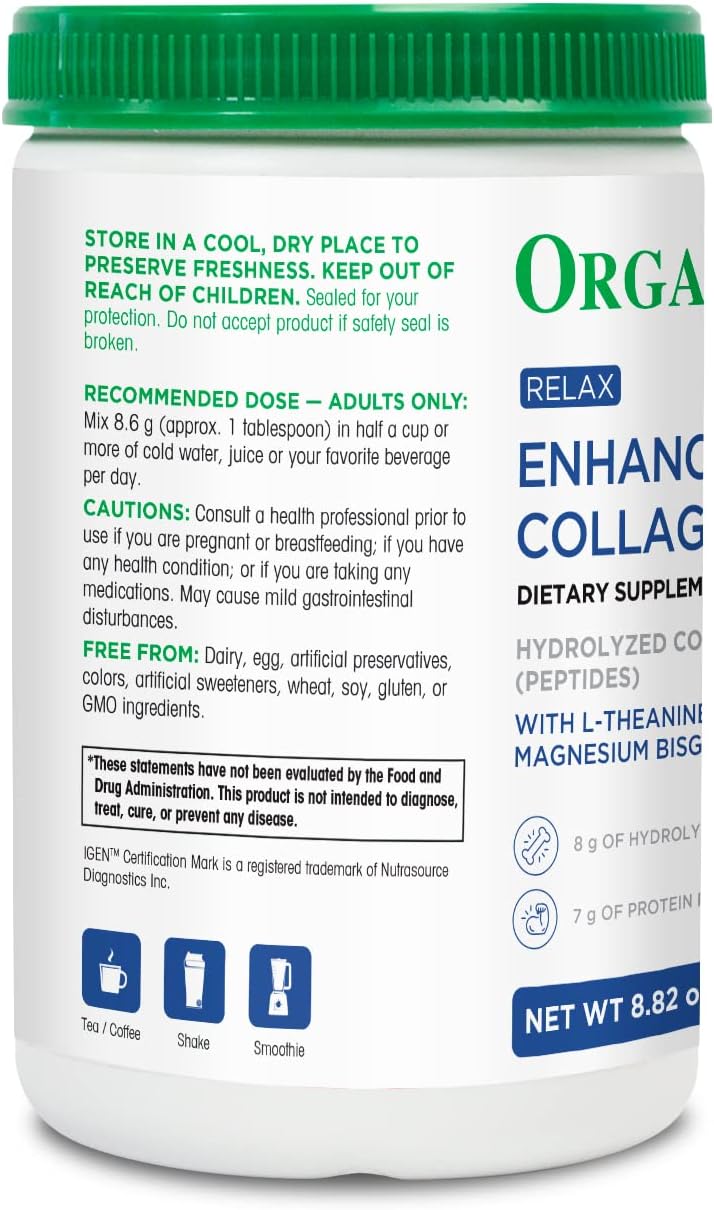 Organika Enhanced Collagen Relax Powder with Magnesium Bisglycinate and L-Theanine - Supports Restful Sleep and Energy Levels - 250g