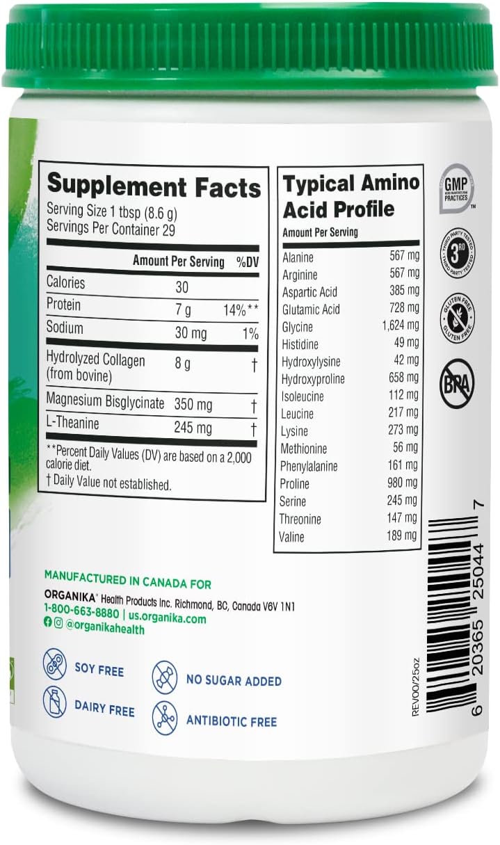 Organika Enhanced Collagen Relax Powder with Magnesium Bisglycinate and L-Theanine - Supports Restful Sleep and Energy Levels - 250g