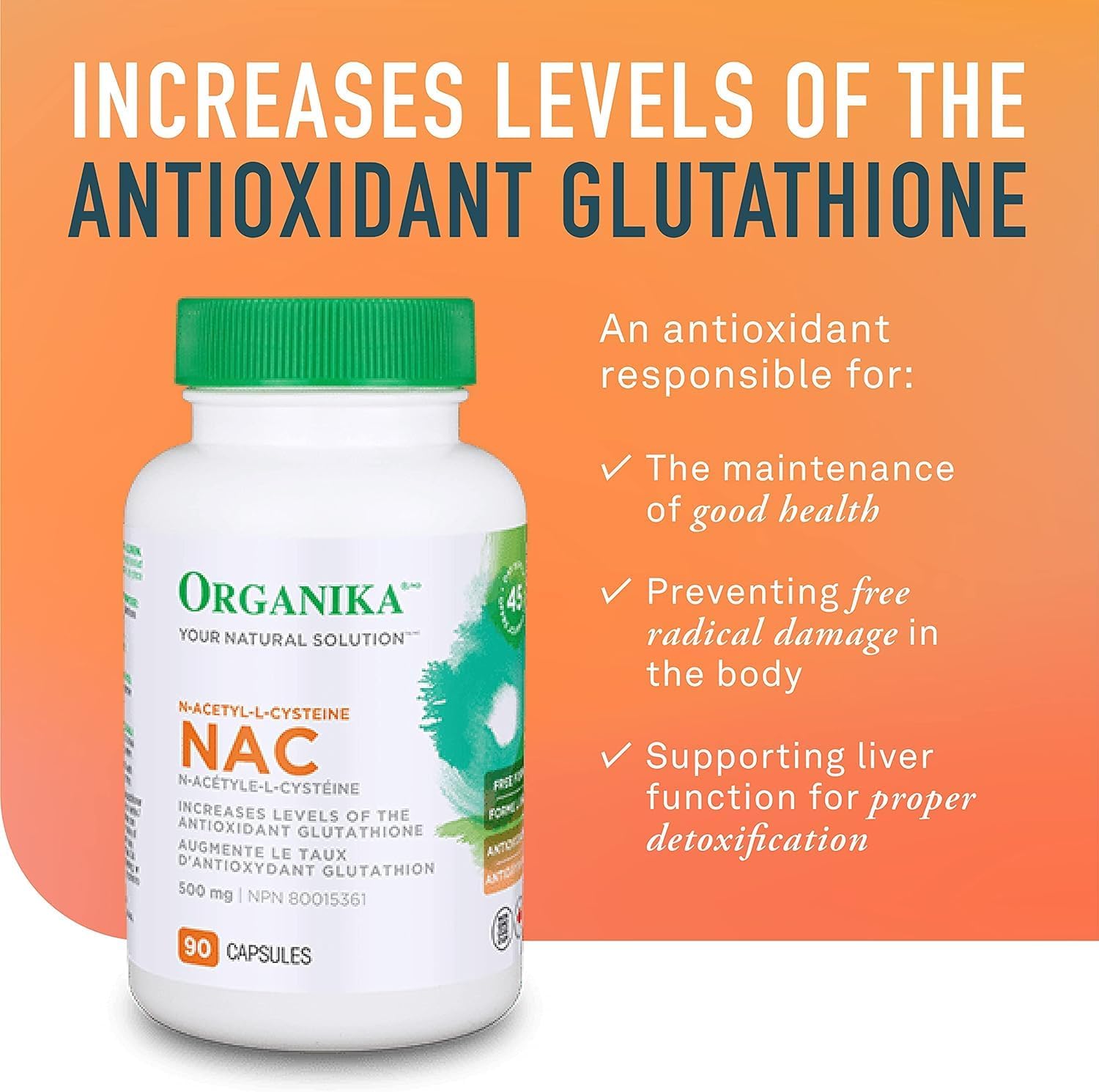 Organika NAC Capsules - 90 Count Bottle for Immune Support and Antioxidant Defense