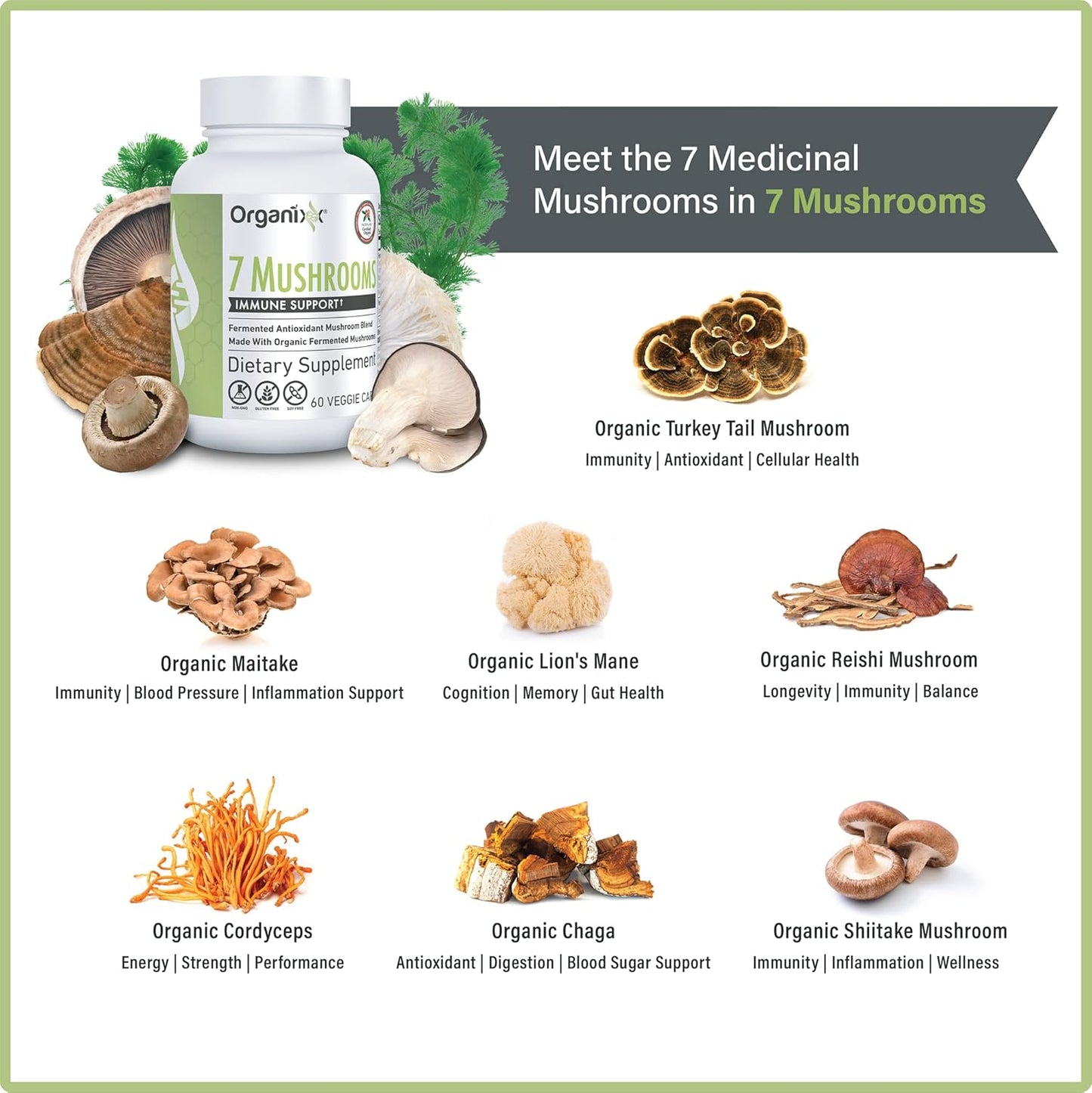 Organixx 7 Mushroom Supplement for Joint and Muscle Care - 60 Vegetarian Capsules