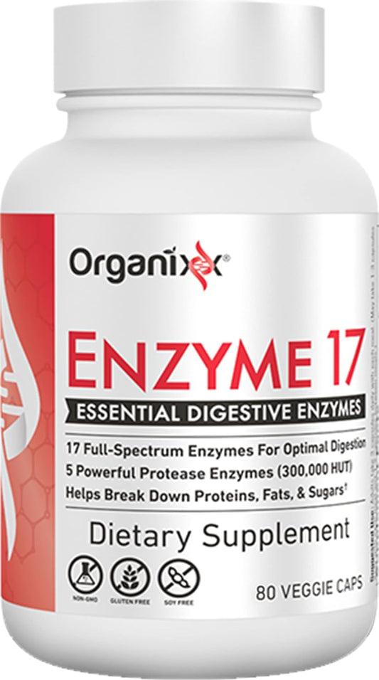 Organixx Enzyme 17 Digestive Enzymes for Gut Health, Bloating & Gas Relief - Vegan, Non GMO, 80 Capsules