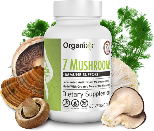 Organixx Organic Mushroom Supplement with 7 Fermented Mushrooms - Lions Mane, Shiitake, Cordyceps, Turkey Tail, Reishi - Immune & Digestive Support - 60 Capsules
