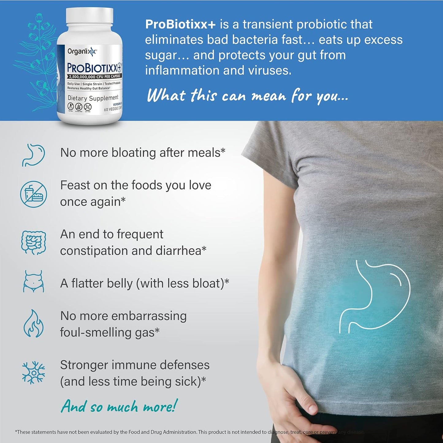 Organixx ProBiotixx+ Daily Probiotic Supplement for Digestive & Gut Health - 60 Capsules