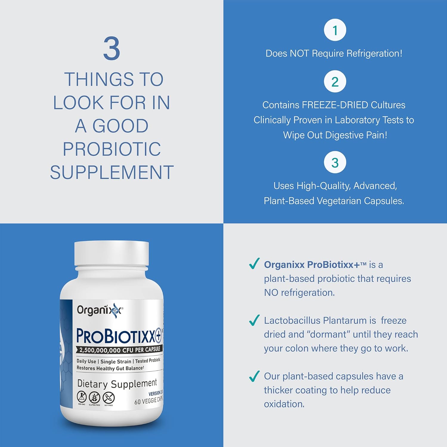 Organixx ProBiotixx+ Daily Probiotic Supplement for Digestive & Gut Health - 60 Capsules