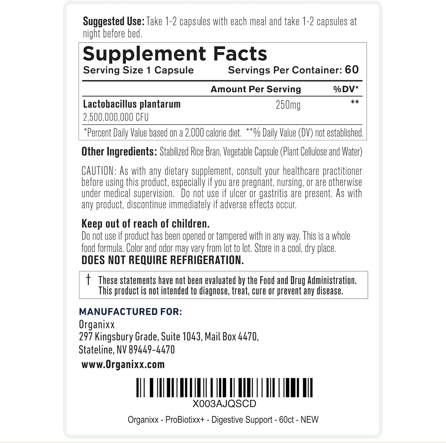 Organixx ProBiotixx+ Daily Probiotic Supplement for Digestive & Gut Health - 60 Capsules